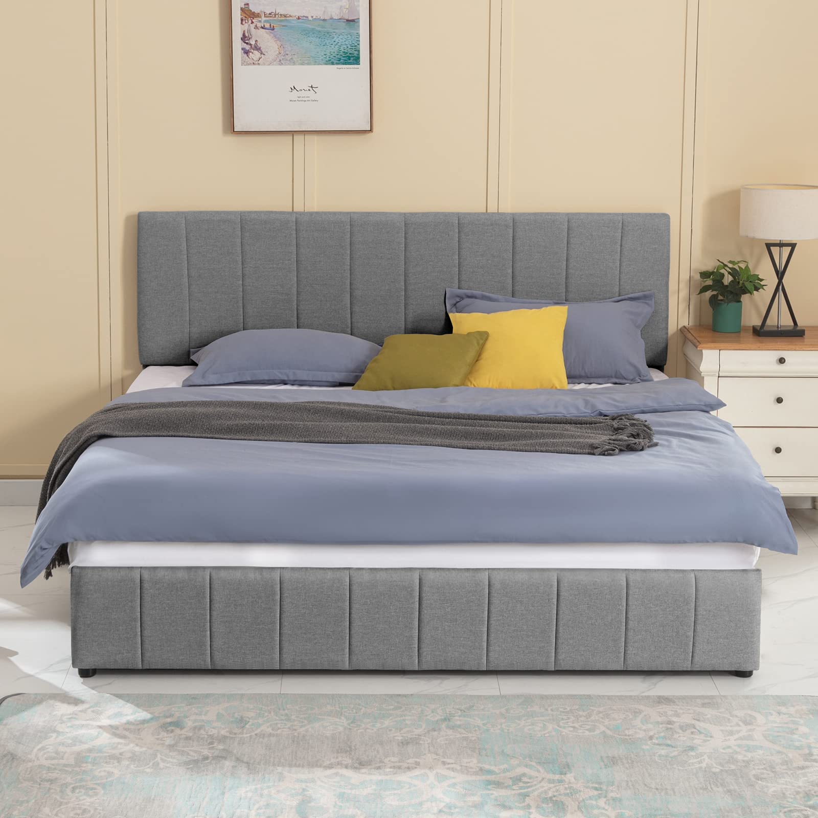 BALUS Queen Bed Frame with Storage - Hydraulic Lifting Platform Bed with Upholstered Wingback Headboard, Modern Floating Cloud Bed Frame (No Box Spring Needed) - Perfect for Small Bedrooms, Guest Rooms & Apartment Living