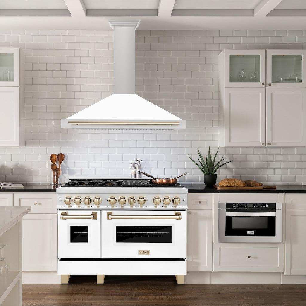 ZLINE KB4STZ WM G Autograph Edition Convertible Stainless Steel Range Hood - White Matte Shell with Polished Gold Accents - Professional Kitchen Ventilation for Modern Homes