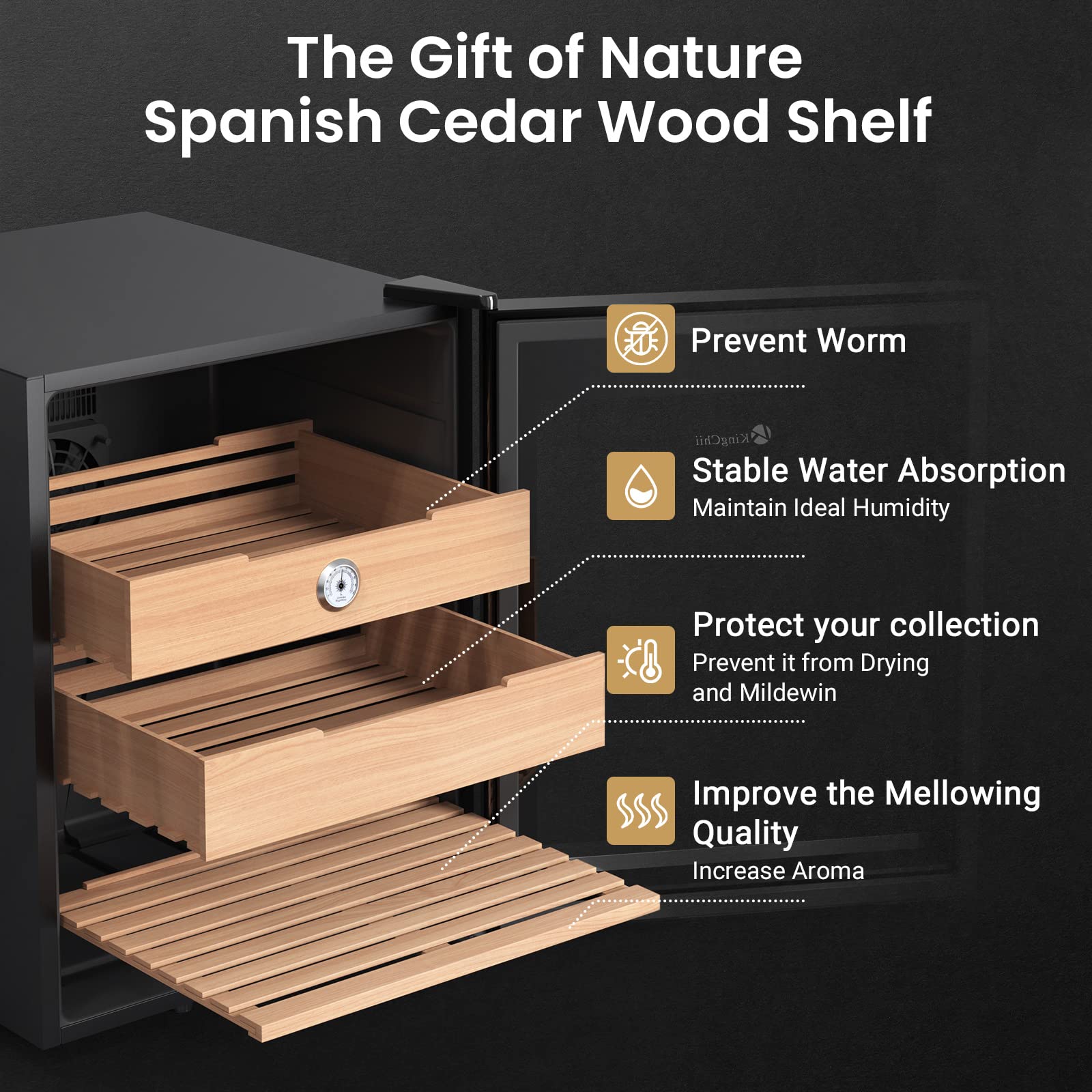 KingChii 48L Electric Cigar Humidor Cabinet with Temperature Control - Spanish Cedar Wood Shelves & Drawer Hygrometer - 350 Cigar Capacity - Perfect Gift for Men - Ideal for Home, Office & Cigar Collection Storage