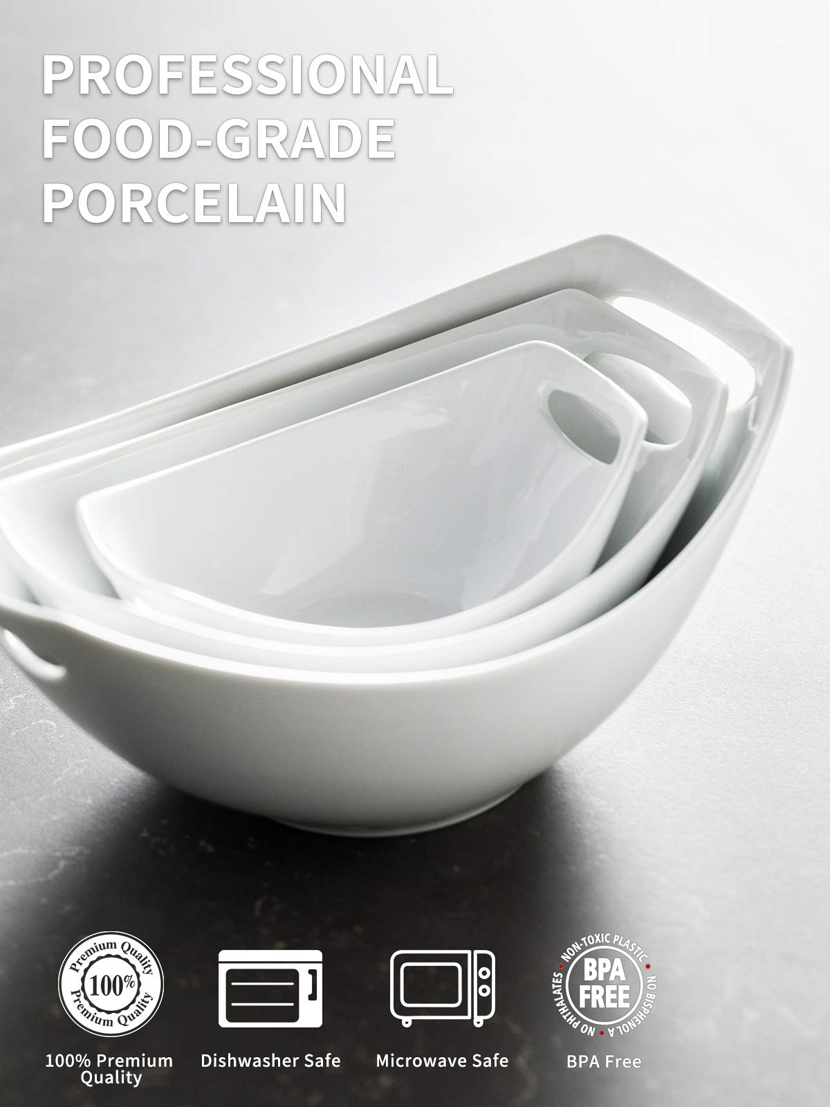 LAUCHUH 3-Piece Porcelain Serving Bowl Set with Handles - 15oz, 28oz, 49oz White Nesting Mixing Bowls for Salad, Pasta, Snacks - Perfect for Entertaining, Parties, Housewarming, Christmas & Baby Showers
