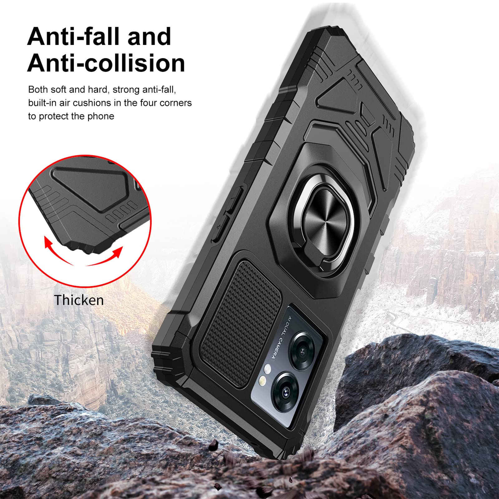 Ailiber Shockproof Case for OnePlus Nord N300 5G - Military Grade Protection with Tempered Glass Screen Protector & Magnetic Ring Kickstand | Perfect for Car Mount, Outdoor Activities & Daily Use - Black