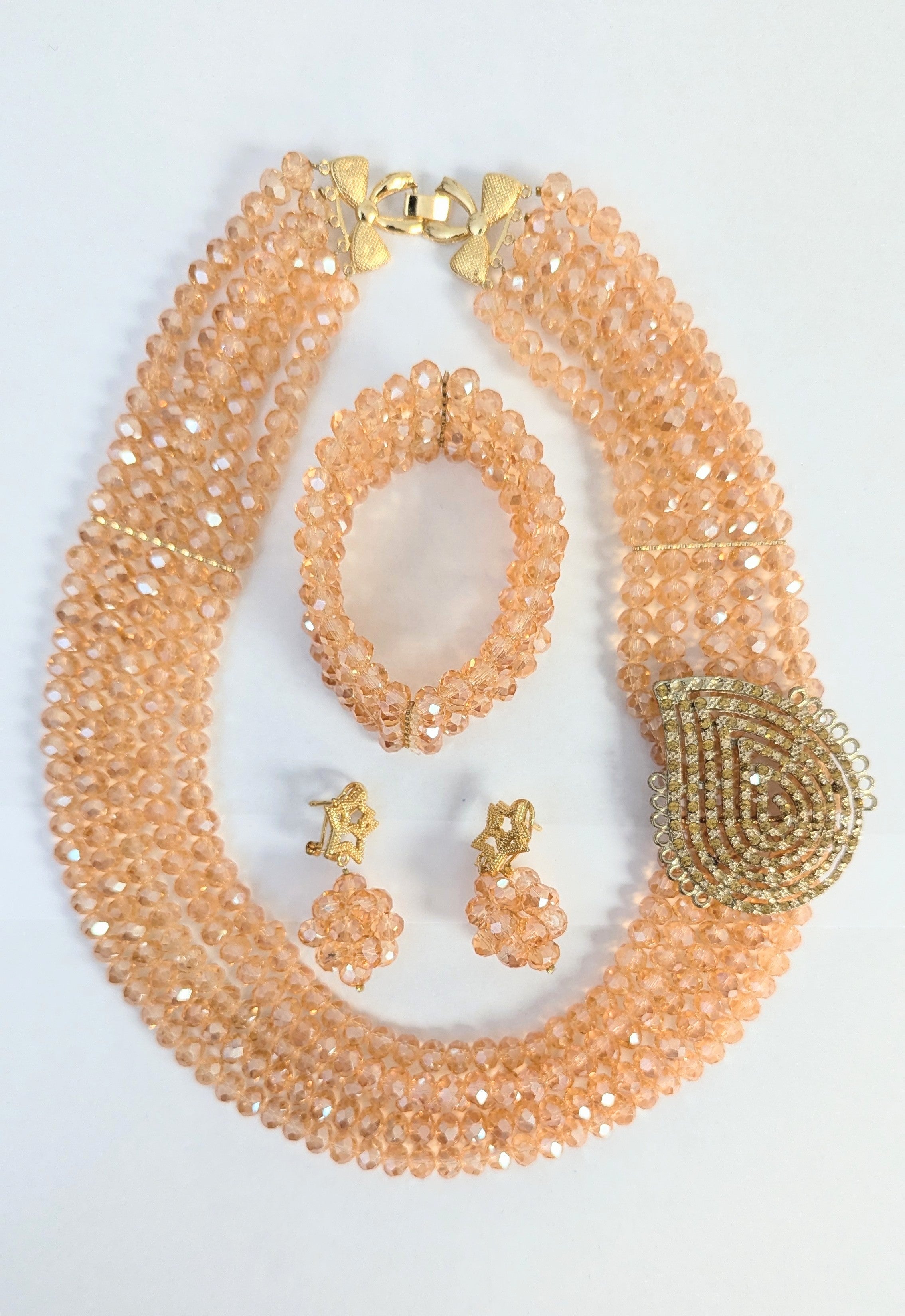 Dupsie's Ifeyinwa Glam African Peach and Gold Necklace, Bracelet, Earrings 4-Piece Jewelry Set - Perfect for Weddings, Parties & Cultural Celebrations