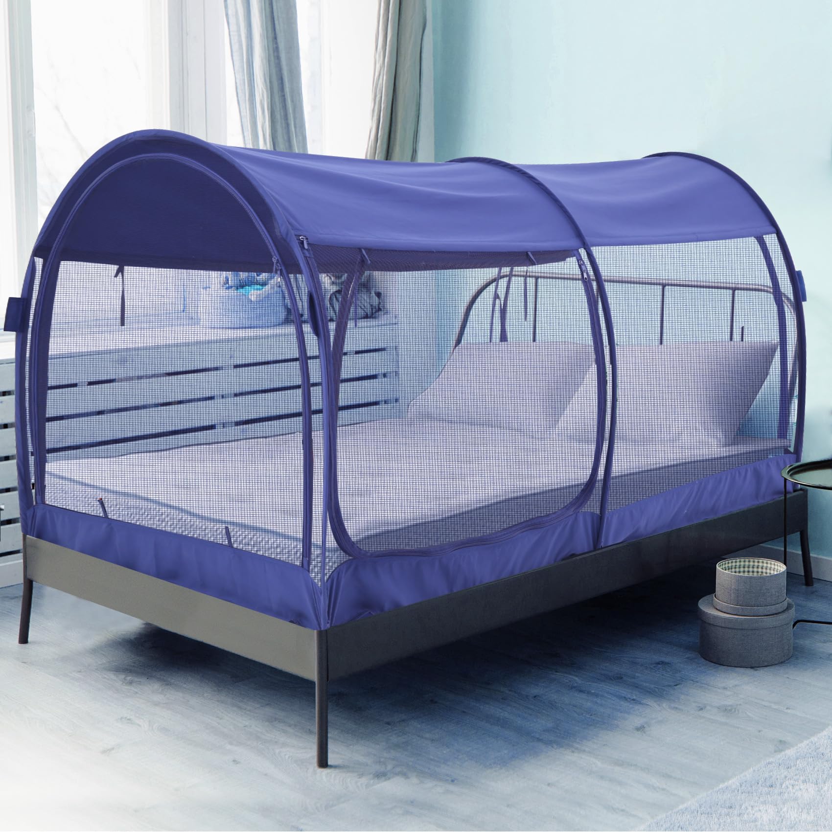 Alvantor Full Size Mosquito Net Bed Canopy - Breathable Pop Up Bed Tent for Indoor Use, Portable Privacy Sleeping Space with Frame, Navy Blue (Mattress Not Included) - Perfect for Camping, Travel, Dorm Rooms & Home Privacy Protection