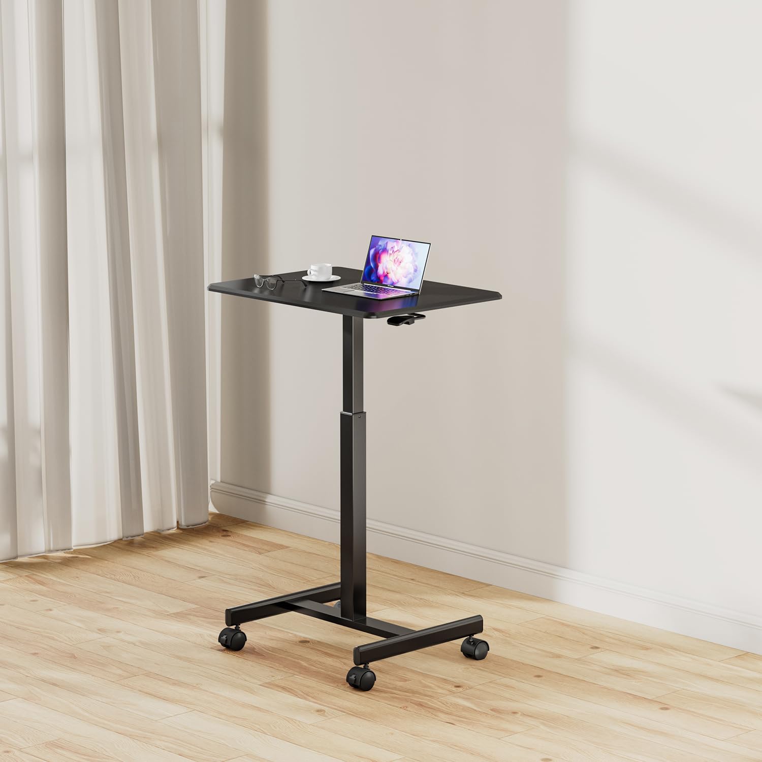 Adjustable Height Mobile Standing Desk with Lockable Wheels & Hook - Portable Rolling Laptop Desk for Home Office & Hospital Use - Sit Stand Workstation with Gas Spring for Ergonomic Computing, Telemedicine & Nursing Stations