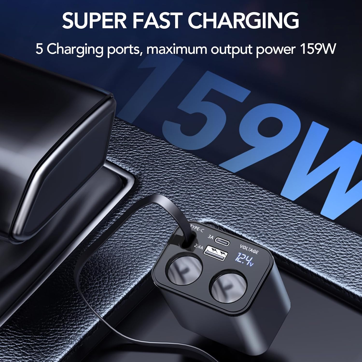 4-in-1 Fast Car Phone Charger with 159W Power & Retractable Cables - Compatible with iPhone 14 Pro Max/14 Pro/14 Plus/13 Pro Max & AirPods (1/2/3/4) - Includes 2-Port Cigarette Lighter Splitter - Perfect for Road Trips, Commuting & Long Drives