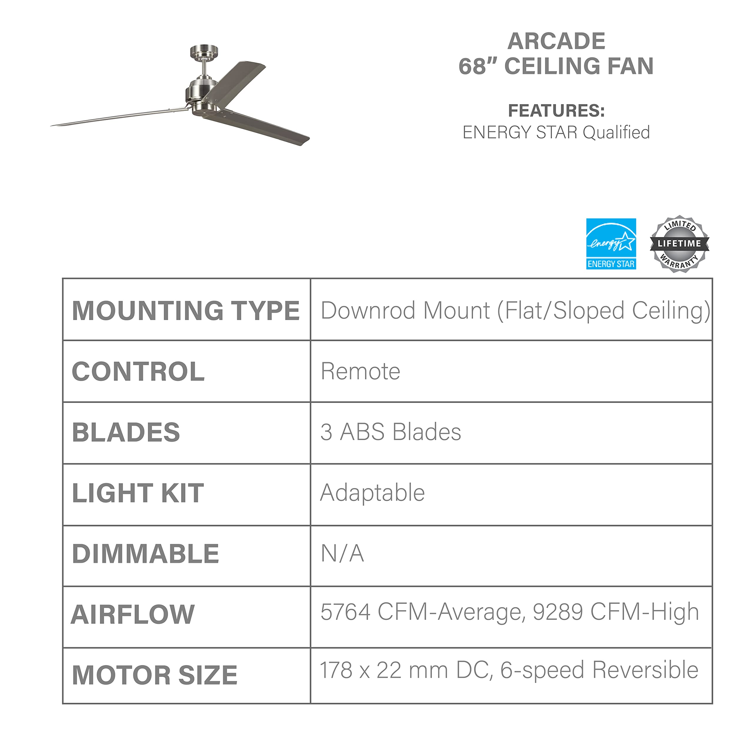 Monte Carlo 3ARR68BS 68 Inch Modern Arcade Ceiling Fan with Remote Control - 3 Silver Blades, Brushed Steel Finish - Perfect for Living Room, Bedroom, and Outdoor Patio