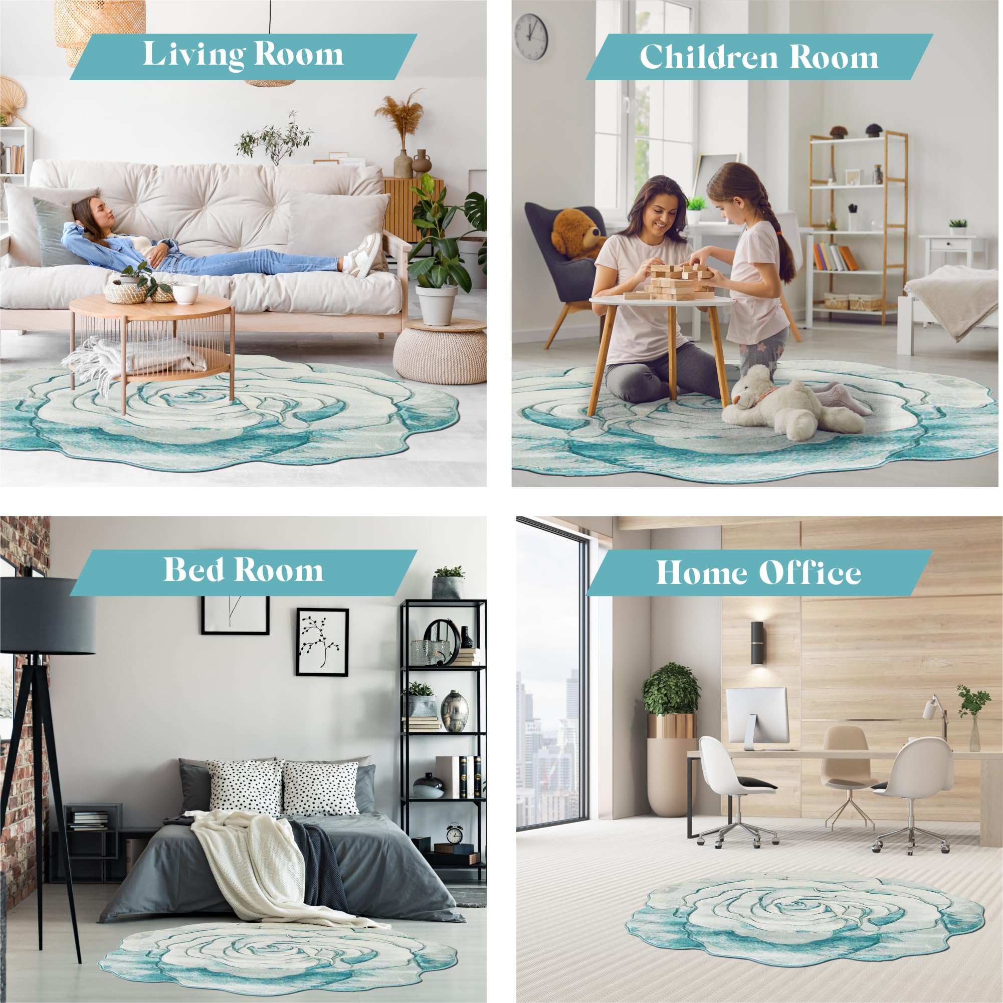 6ft Round Rose Flower Shaped Plush Area Rug - Soft Girly Circle Carpet for Bedroom, Living Room Floor Decor | Blue 304 | Perfect for Boho Chic Home, Nursery & Dorm Room