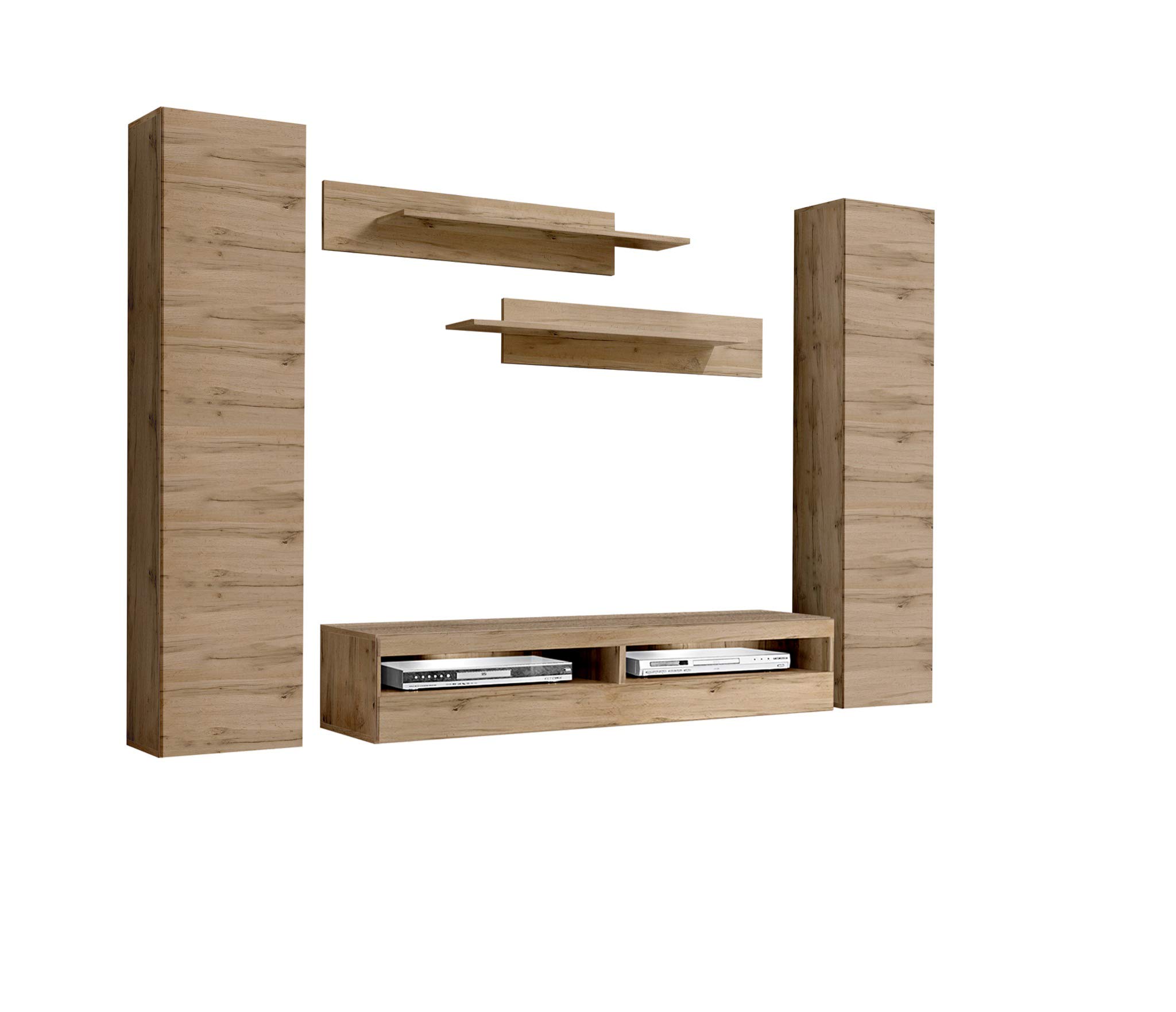 Modern Oak Wall-Mounted TV Stand with Storage Shelves & LED Lights - Floating Entertainment Center Console for Living Room & Bedroom - Space-Saving 35