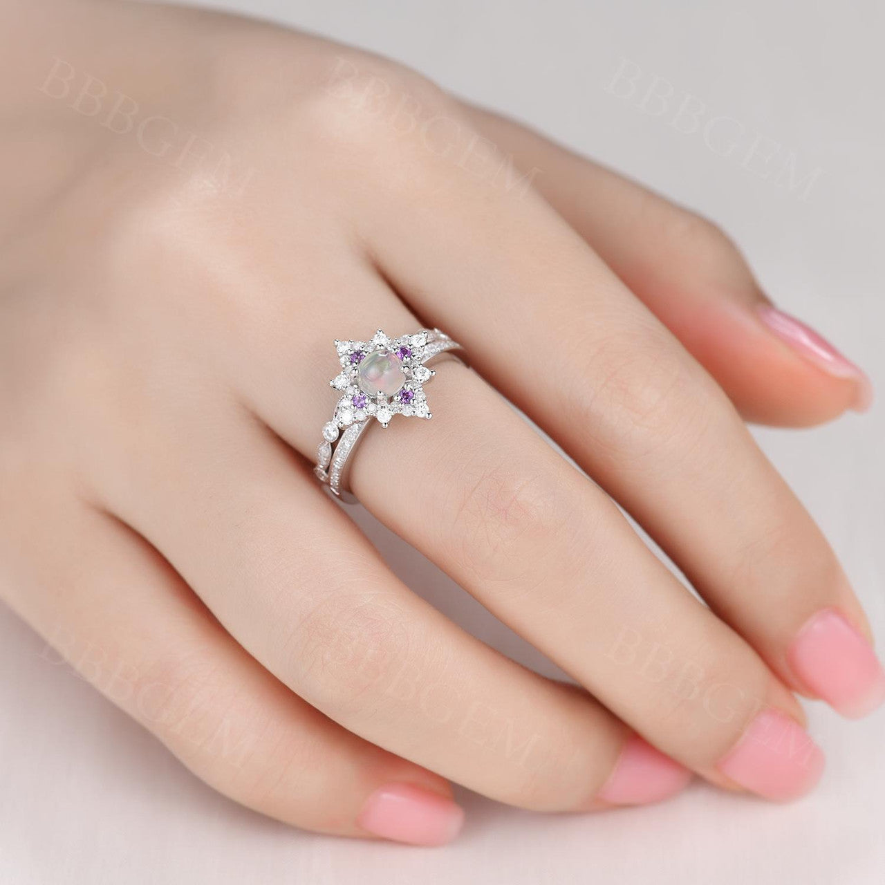 Stunning Fire Opal Engagement Ring Set with Amethyst & Diamonds | Vintage-Inspired Opal Wedding Ring for Women | Perfect for Proposals, Anniversaries & Special Occasions