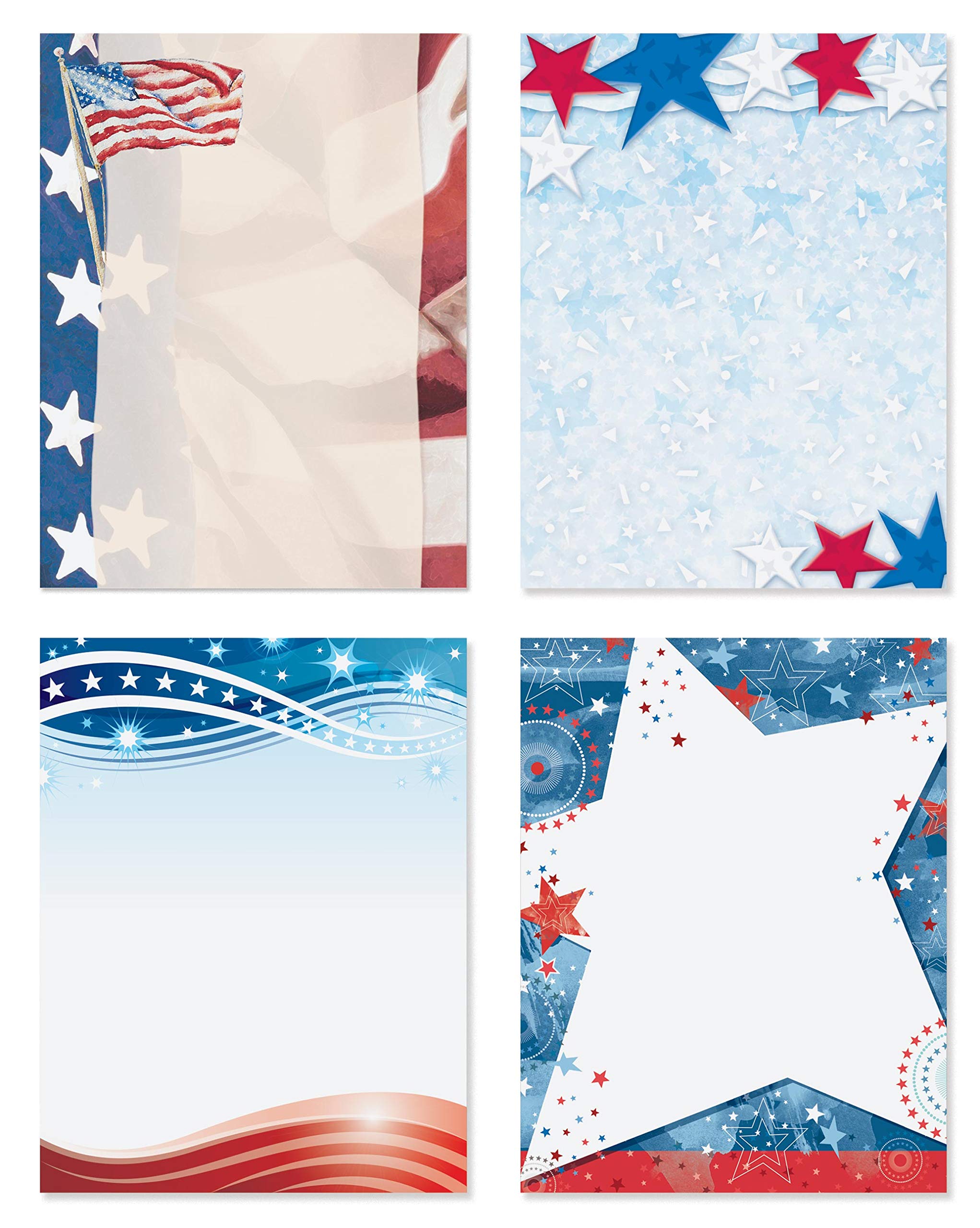 Premium Patriotic Stationery Set - 100 Sheets of Red, White & Blue Flag Star Border Paper (8.5x11) for Letters, Invitations & Office Decor | Elegant Camo Theme Writing & Printer Paper for 4th of July, Memorial Day & Patriotic Events