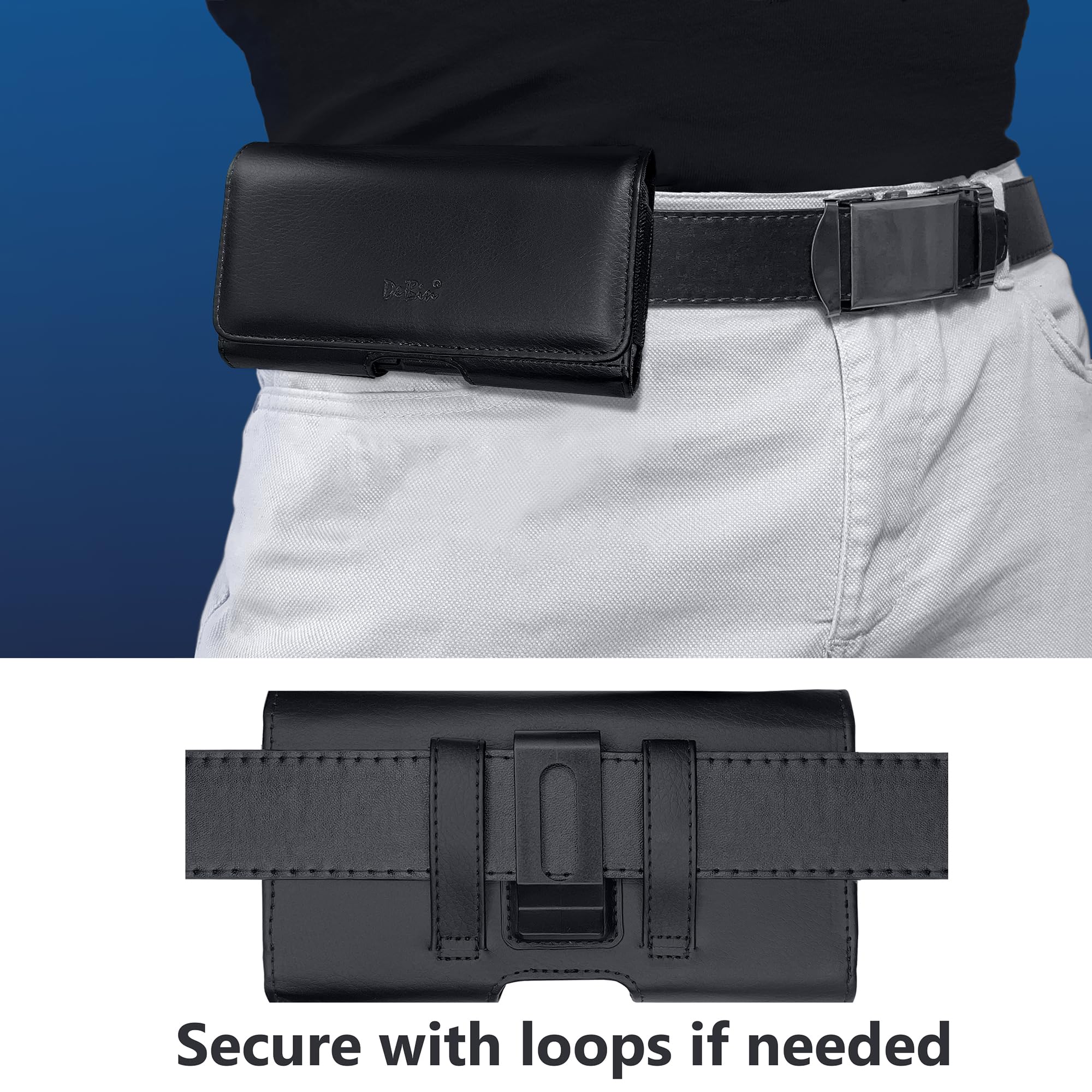 DeBin Universal Phone Holster Belt Clip - Compatible with iPhone 16/15/14/13/12/11/Xs/X/XR & Otterbox Commuter Case - Durable Cell Phone Holder with ID Card Pouch for Men (Black) - Perfect for Outdoor Activities, Work & Travel