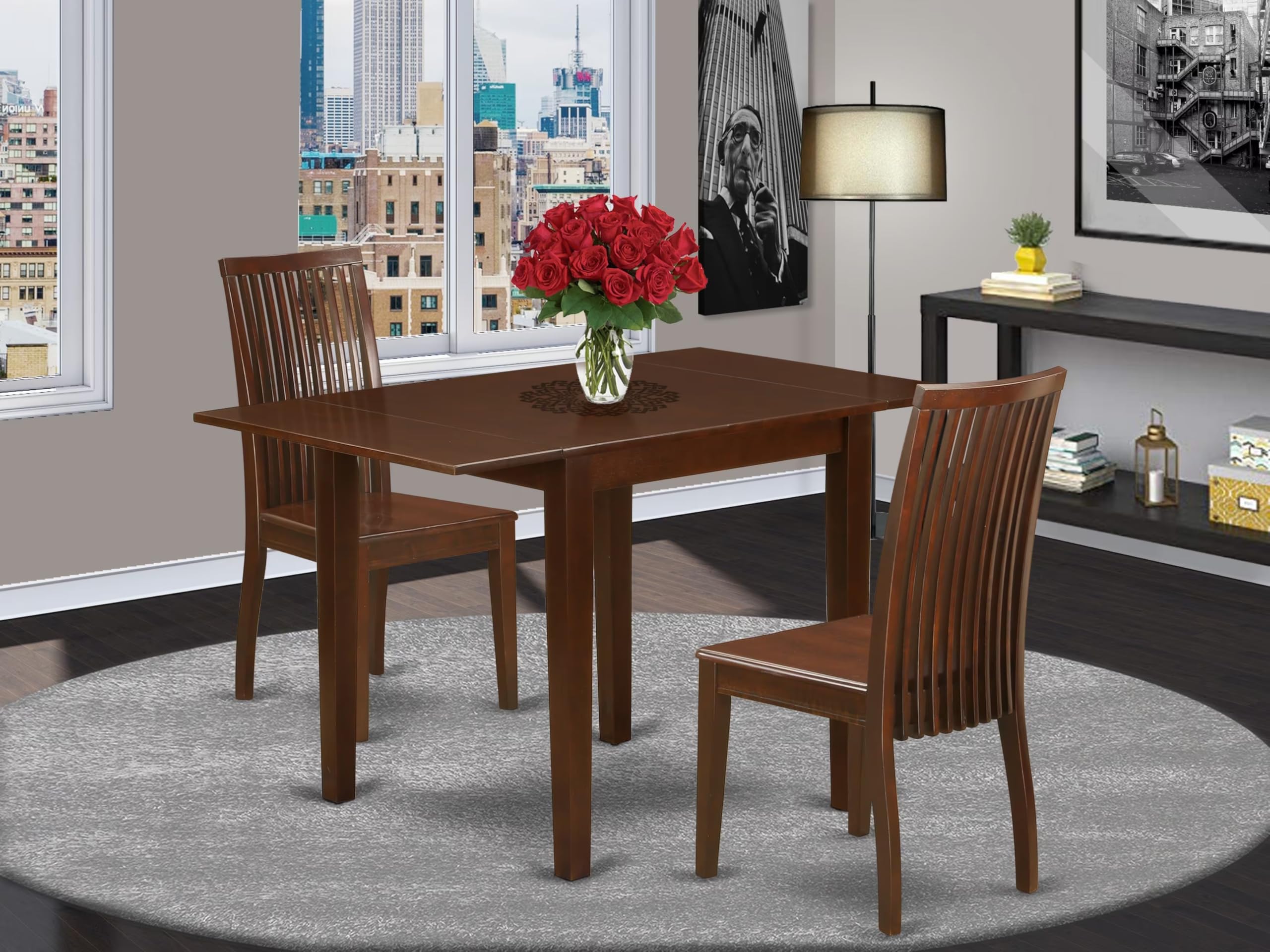 East West Furniture NDIP3-MAH-W 3-Piece Mahogany Dining Set with Drop-Leaf Table & 2 Wooden Chairs, 30x48 Inch - Perfect for Small Spaces, Breakfast Nooks & Apartment Dining Rooms