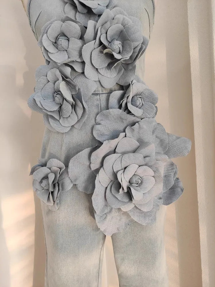 3D Floral Applique Strapless Denim Jumpsuit for Women - Off Shoulder Sleeveless High Waist Romper - Solid Color Full Length Overalls for Summer Outings & Beach Vacations
