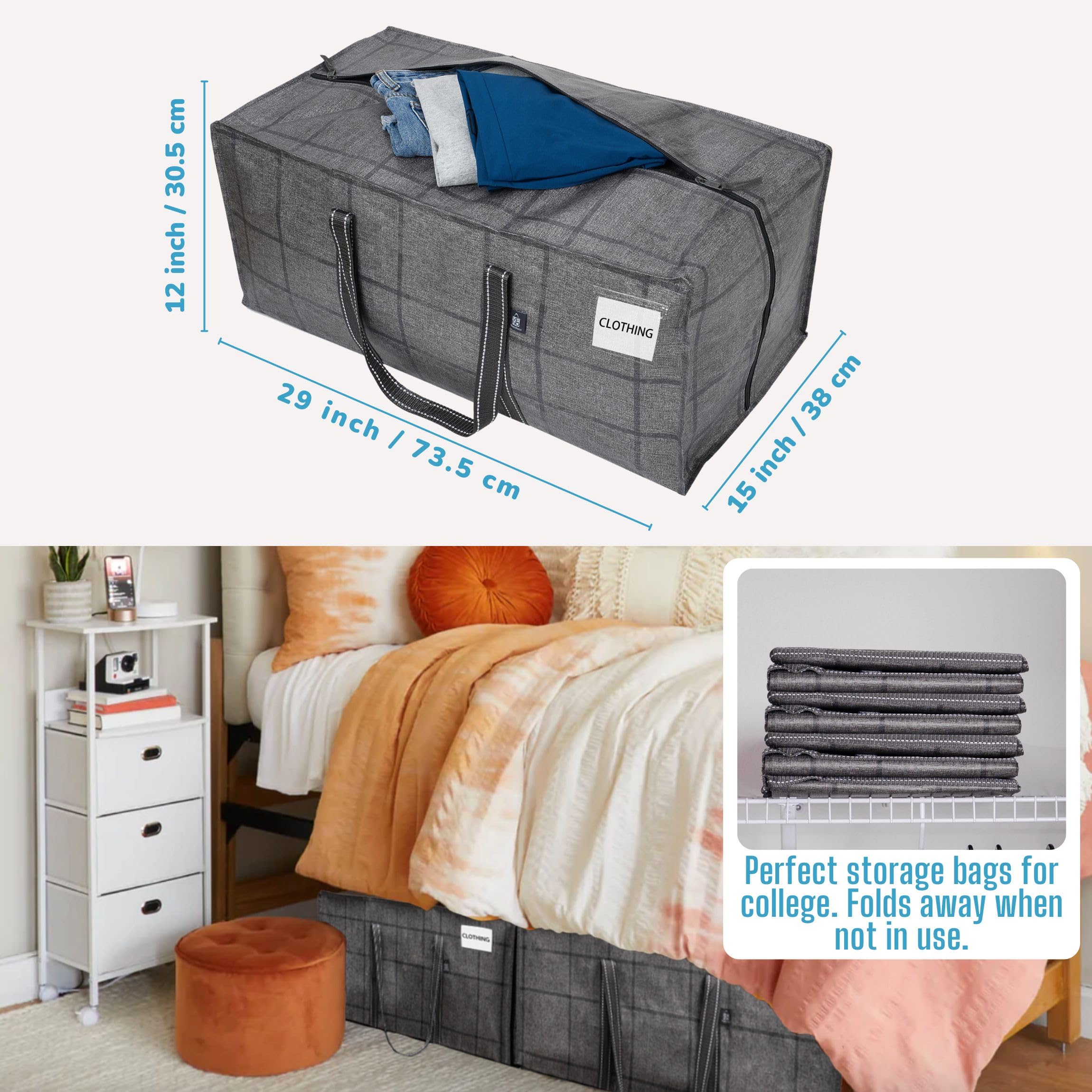 VENO 6-Pack Extra Large Heavy Duty Moving Bags with Zippers & Reinforced Handles - Waterproof Storage Bags for Clothes, Laundry, Travel & Camping - Durable Foldable Moving Box Alternative (Black Window Design) - Perfect for Home Organization, College Dorm Move & Outdoor Adventures