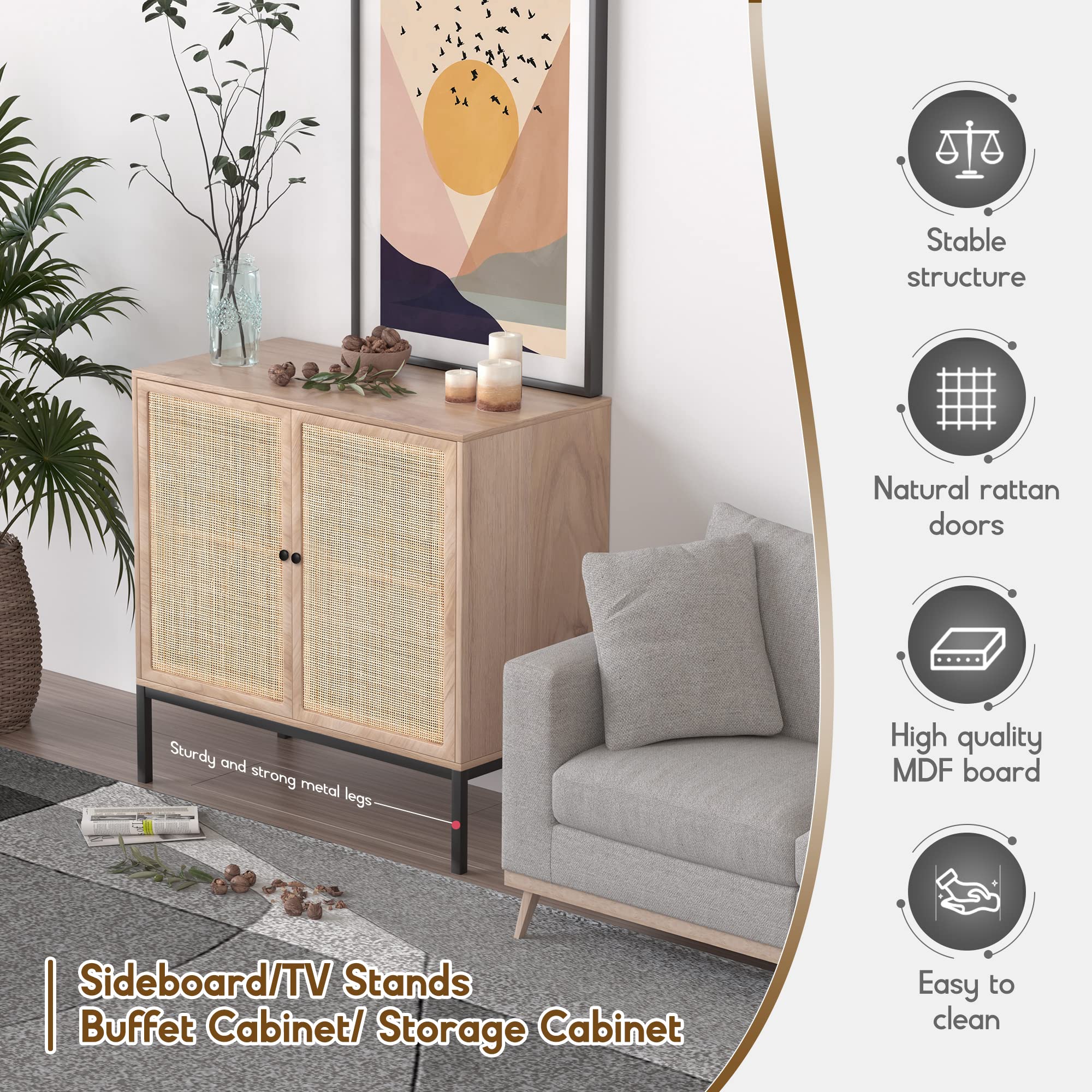 XIAO WEI 3-Piece Rattan Sideboard Cabinet with Hand-Woven Natural Rattan Doors - Storage Buffet Console Table for Kitchen, Living Room, Hallway & Entryway - Natural Finish with Metal Legs | Perfect for Farmhouse Decor, Dining Room Storage & Entryway Organization