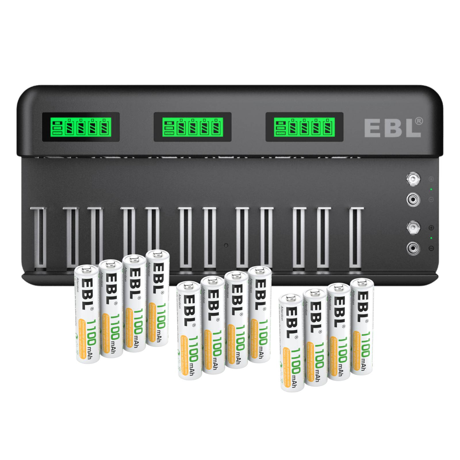 EBL 12+2 Bay Universal Battery Charger with 8 AA & 4 AAA 1.2V NiMH Rechargeable Batteries - Fast Charging for Cameras, Toys, Flashlights & Electronics