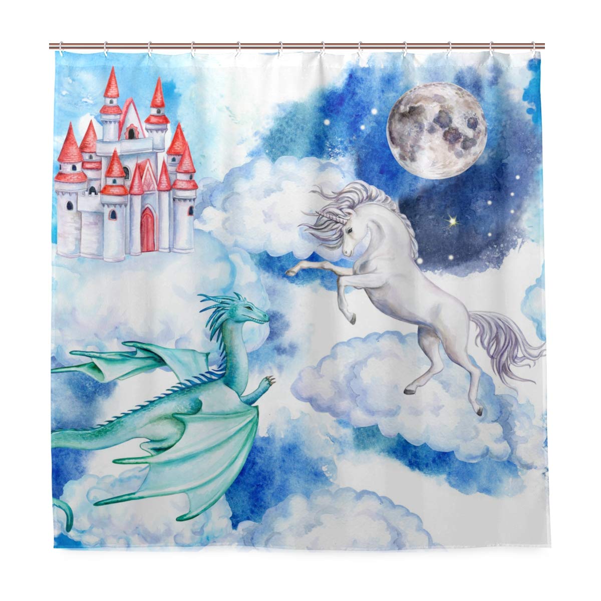 72x72 Inch Waterproof Unicorn & Dragon Cloud Shower Curtain with Hooks - Bathroom Decor for Kids, Teens & School Dorms - Soft Fabric Bath Mat for Home, Apartment & College Shower