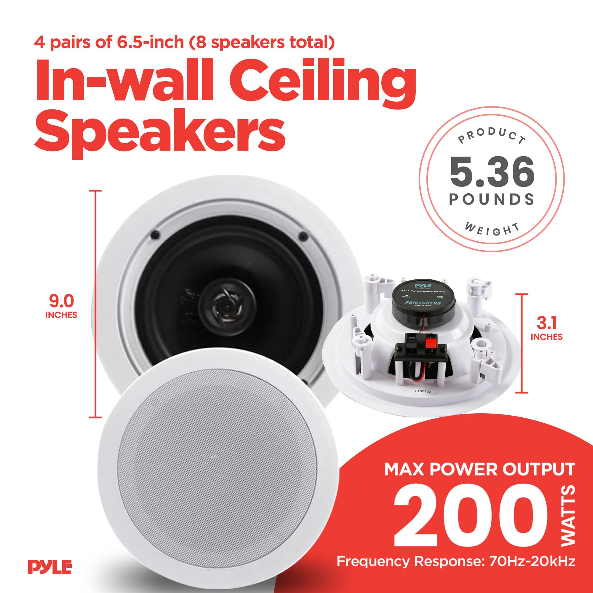 Pyle PDIC1661RD 6.5 Inch 200 Watt In-Ceiling & Wall Speakers, 2-Way Flush Mount Stereo Speaker System (4 Pairs, White) - Perfect for Home Theater, Indoor Audio & Multi-Room Music Setup