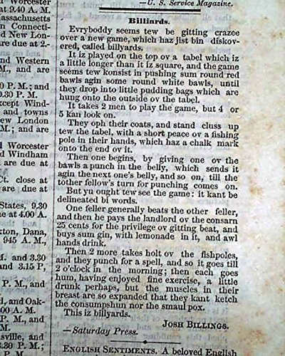 JOSH BILLINGS American Humorist Writer on BILLIARDS Pool Shooting 1866 Vintage Newspaper - Perfect for History Buffs, Antique Collectors & Billiards Enthusiasts