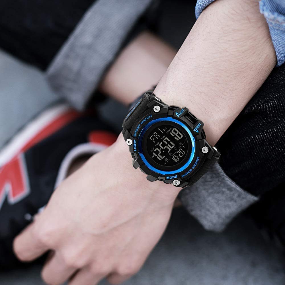 Men's Digital Watch with Big Dial & LED Backlight - Sporty Resin Strap for Outdoor Activities (Blue)