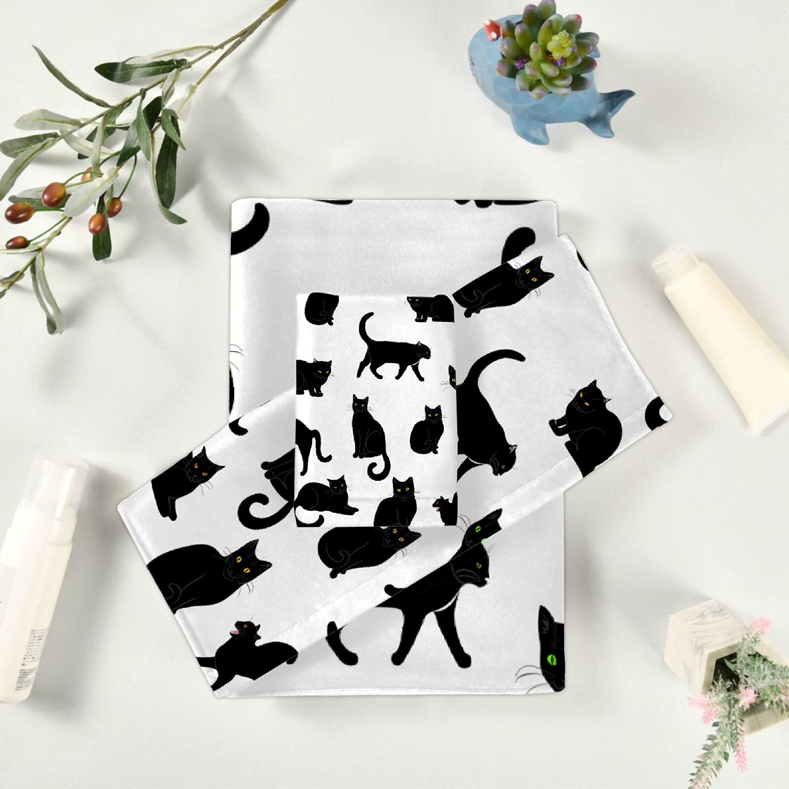 Premium Black Cat 3-Piece Bath Towel Set - 1 Bath Towel, 1 Hand Towel, 1 Washcloth - 100% Cotton Soft Absorbent Quick-Dry Towels for Bathroom, Kitchen & Home Decor - Perfect Gift for Cat Lovers & Cozy Home Essentials