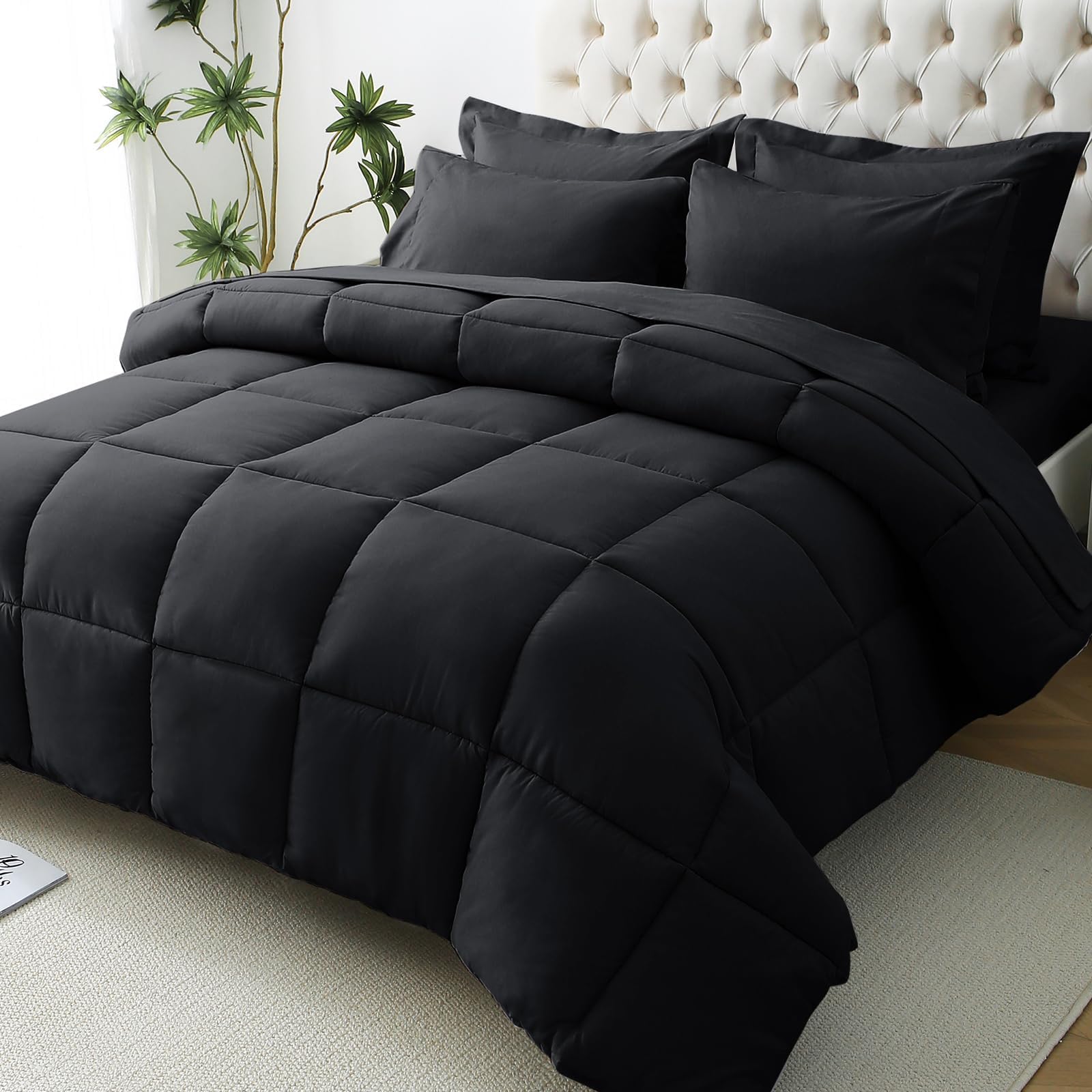 JOLLYVOGUE 7-Piece Queen Comforter Set - Ultra Soft Black Bed in a Bag | Goose Down Alternative | Premium 1800 Series with Comforter, Sheets, Shams & Pillowcases - Perfect for Master Bedroom, Guest Room & Cozy Home Decor