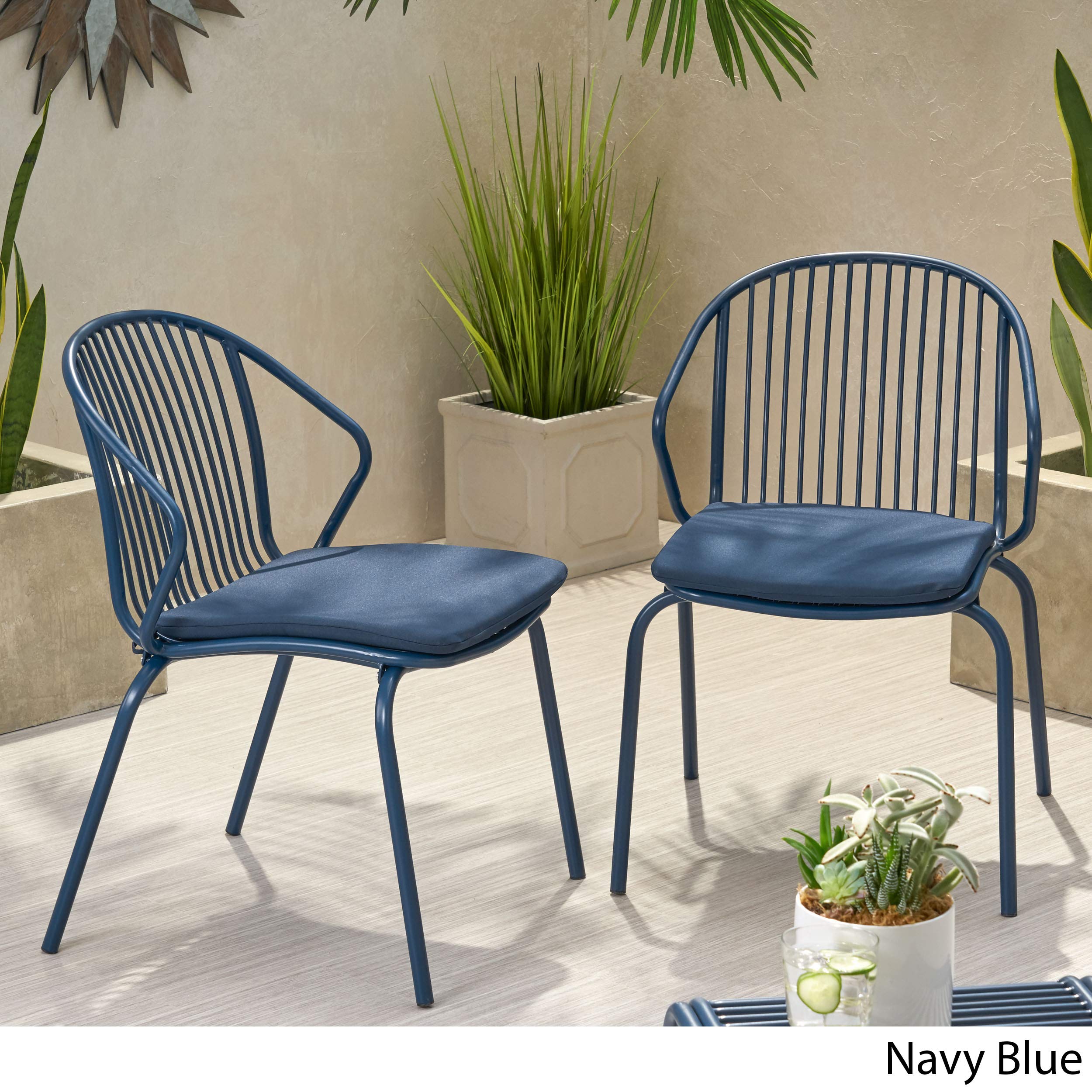 Premium Outdoor Modern Iron Club Chairs with Cushions (Set of 2) - Navy Blue - Weather-Resistant Patio Furniture for Garden, Poolside & Backyard Relaxation
