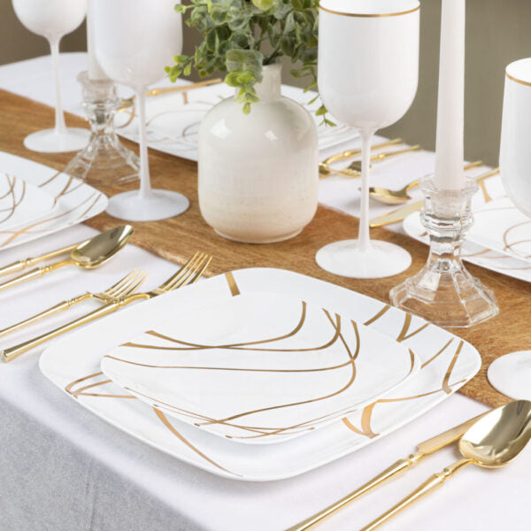 32-Pack White & Gold Square Plastic Dinnerware Set for 16 Guests - Elegant Disposable Plates, Cups & Cutlery - Perfect for Weddings, Parties, BBQs & Outdoor Events