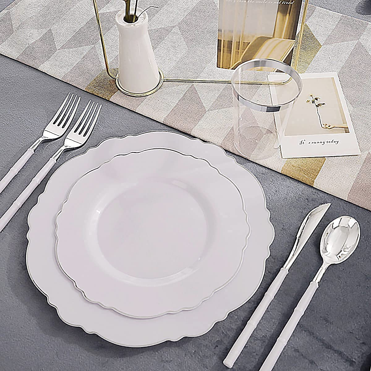 180-Piece Silver Plastic Cutlery Set - 100 Silver Plastic Plates - Elegant Baroque White Design for Parties, Weddings & Events