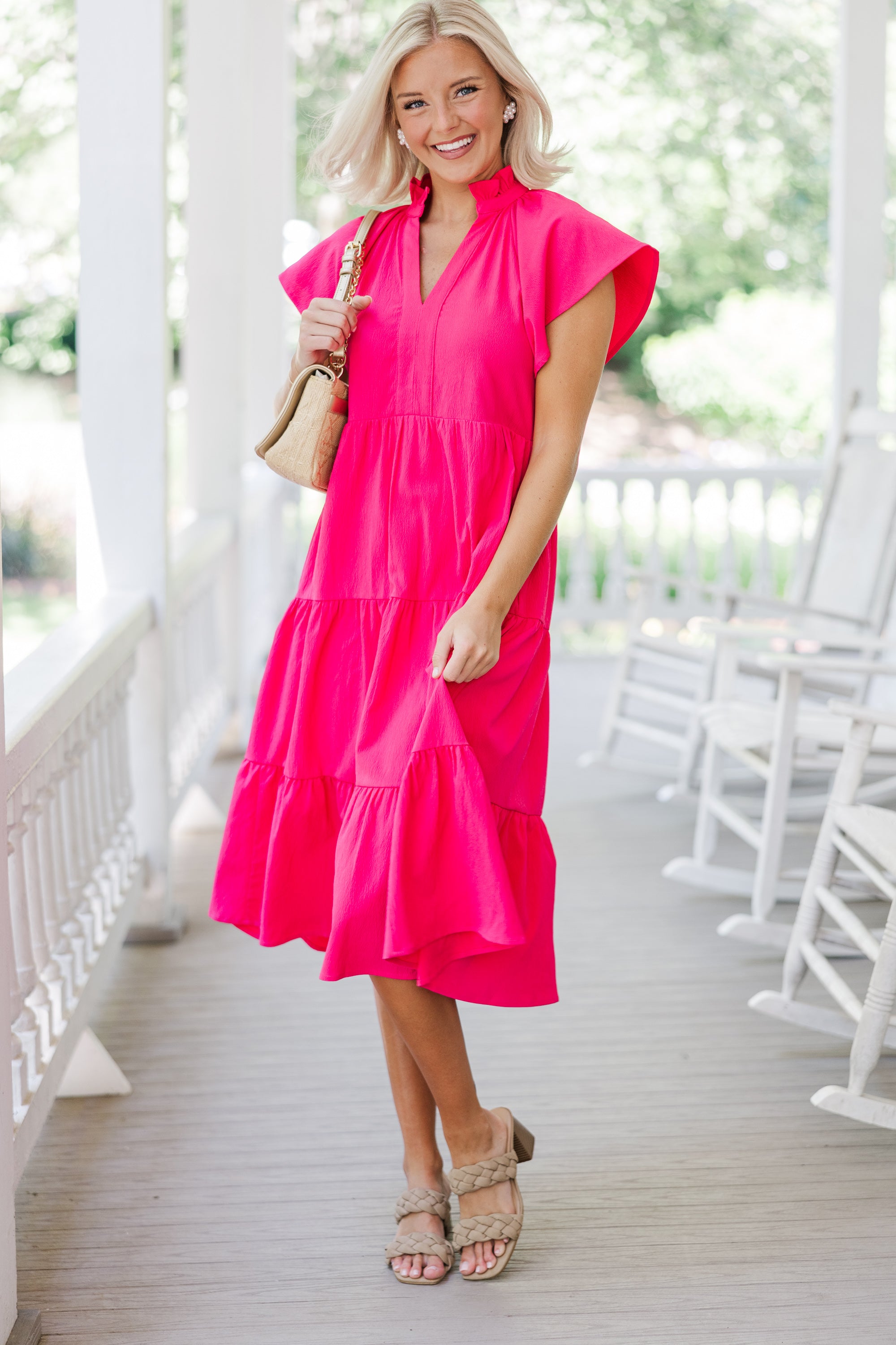 Stylish Fuchsia Pink Midi Dress for Women - Perfect for Parties, Weddings & Summer Outfits
