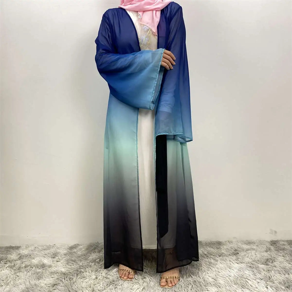 Gradient Color Chiffon Muslim Women's Cardigan Open Abaya Dress - Elegant Prayer Dress for Hijab Fashion & Special Occasions