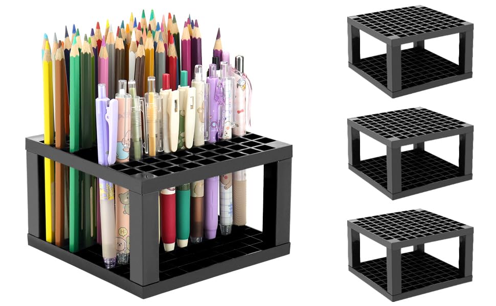 QWORK 96 Hole Plastic Pencil & Brush Holder Organizer - 4 Pack Desk Storage Stand for Pens, Brushes, Colored Pencils, Modeling Tools - Perfect for Artists, Students & Office Organization