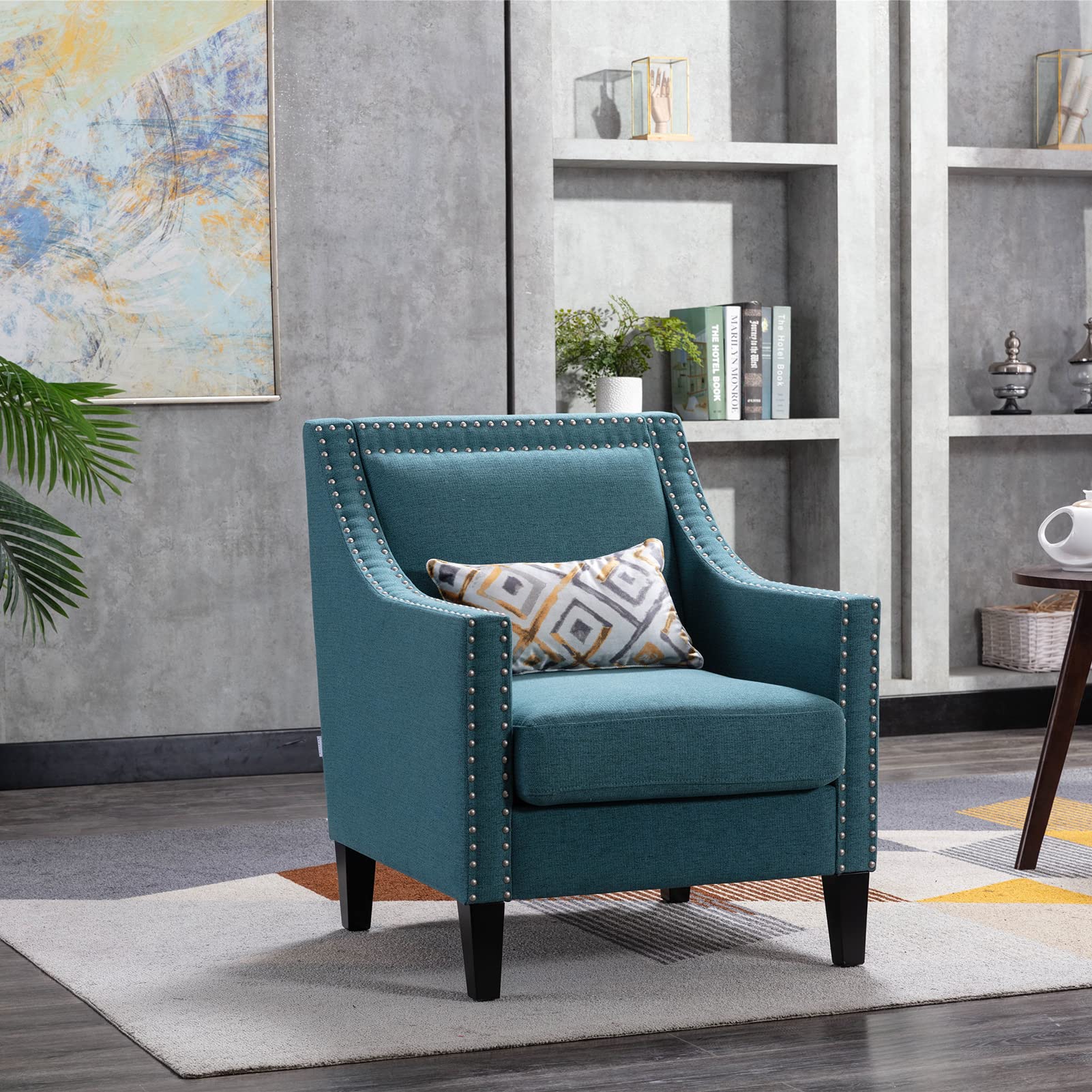 LEAQU Modern Accent Chair - 2022 New Linen Fabric Armchair with Elastic Back & Fine Stitching, Comfortable Sofa Chair for Bedroom, Living Room, Home Office - Perfect for Relaxing, Reading & Decorating Your Space (Cyan)