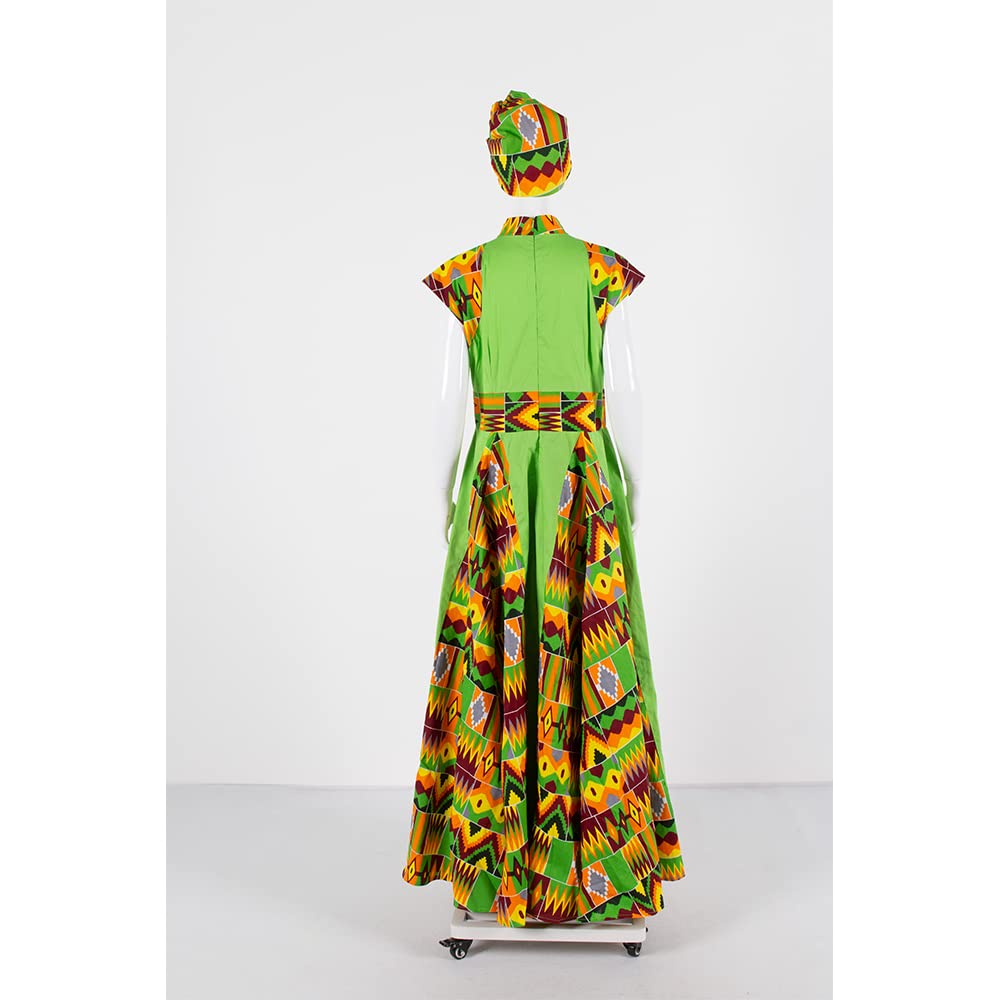 Stylish African Print Maxi Dress for Women - Sleeveless Party Dress with Matching Head Scarf - Plus Size Flowy Summer Dress for Weddings, Beach Vacations & Cultural Events