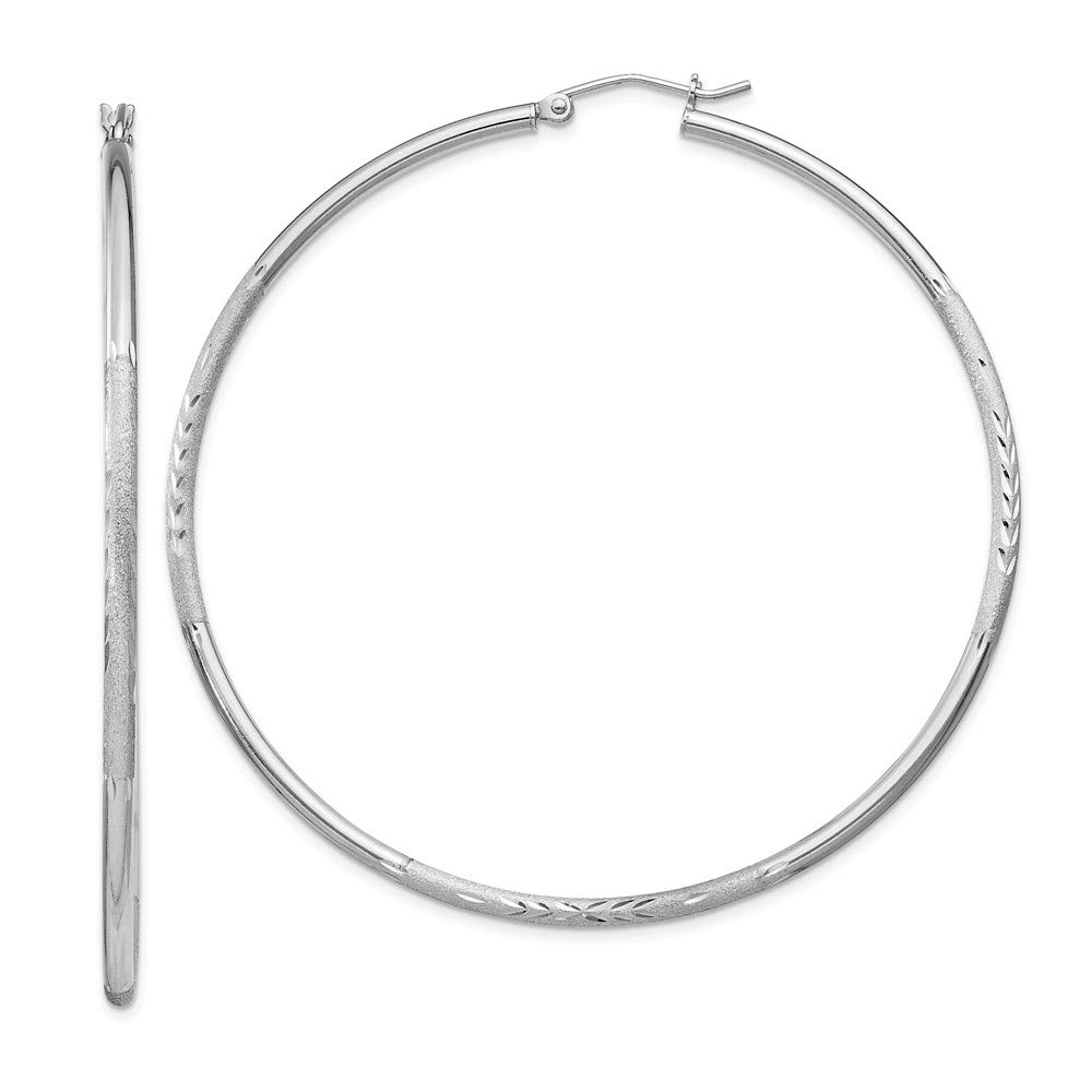 Sterling Silver Rhodium-Plated 2mm Satin & Diamond Cut Hoop Earrings for Women - Elegant Everyday Jewelry for Work, Party & Special Occasions