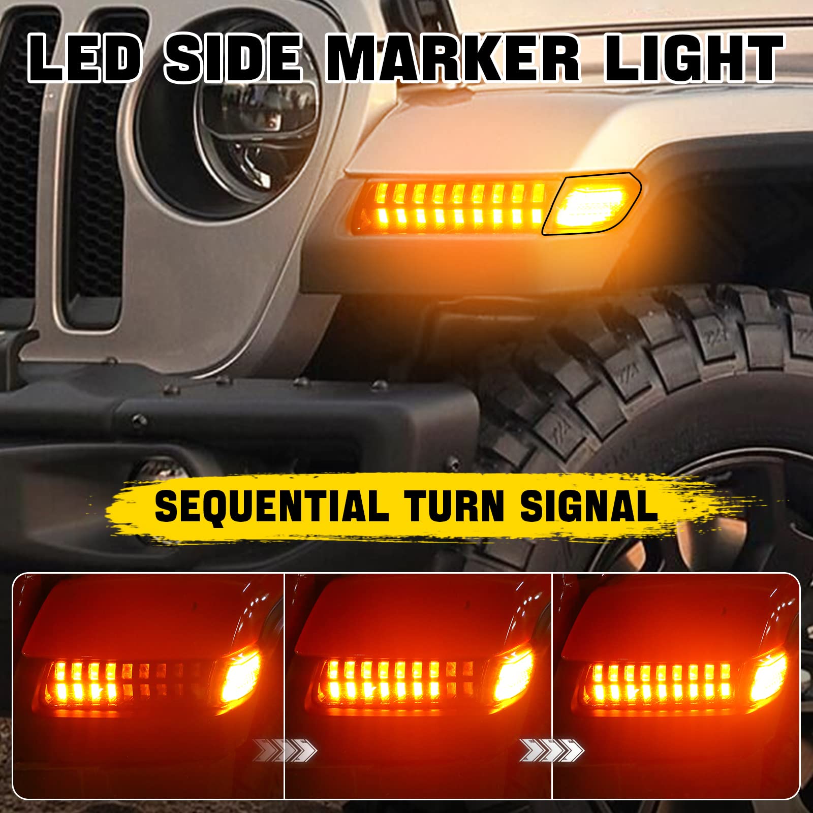 Jeep Wrangler JL LED Fender Lights with Side Marker Lights - Replacement for 2018-2022 Sahara, Rubicon & High Altitude Models - Compatible with Stock Halogen Turn Signals - Perfect for Off-Roading & Night Driving