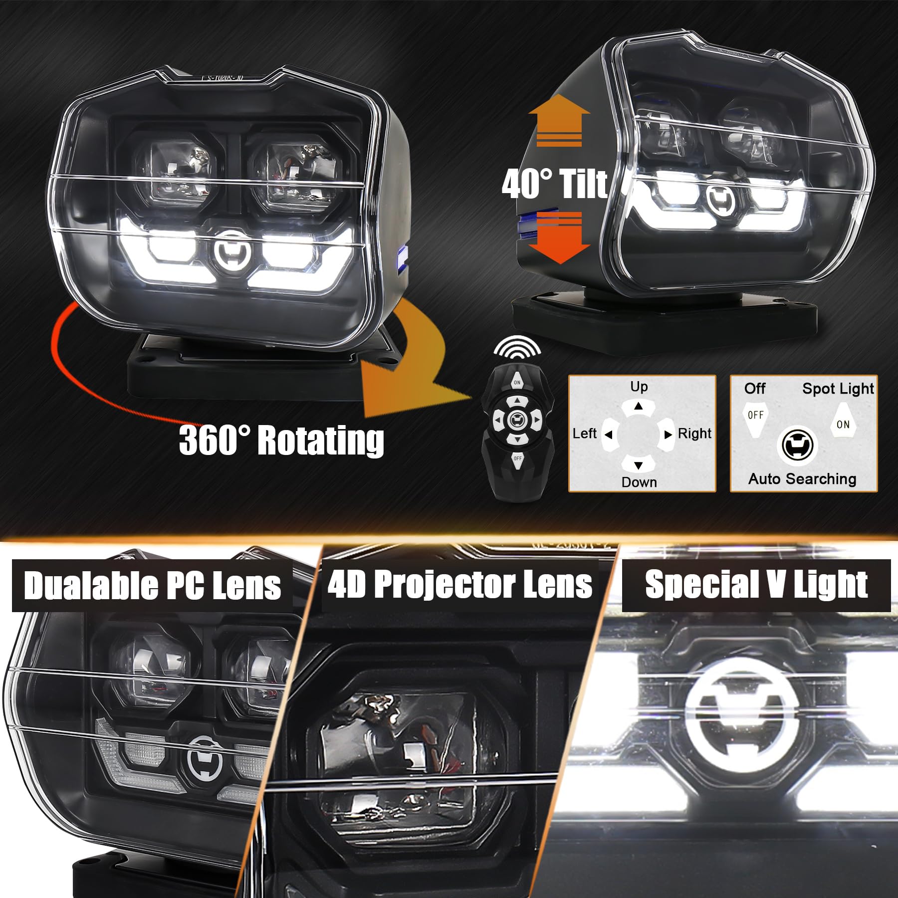 360° Rotating LED Search Light with Wireless Remote Control - Strong Magnetic Base & Permanent Mount - Auto-Search Truck Spot Light for Marine, Boat, SUV, Farm, Off-Road & Emergency Use - Waterproof & Durable for Outdoor Adventures