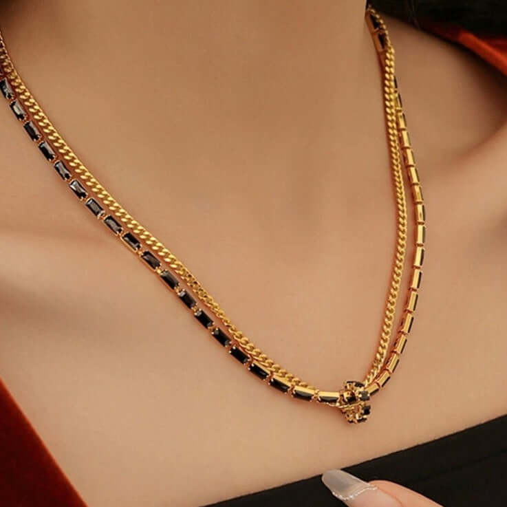 Black and Gold Layered Tennis Chain Necklace for Men & Women | 18K Gold Plated Stainless Steel Hip Hop Jewelry | Perfect for Parties, Gifts & Everyday Wear (QT2203)