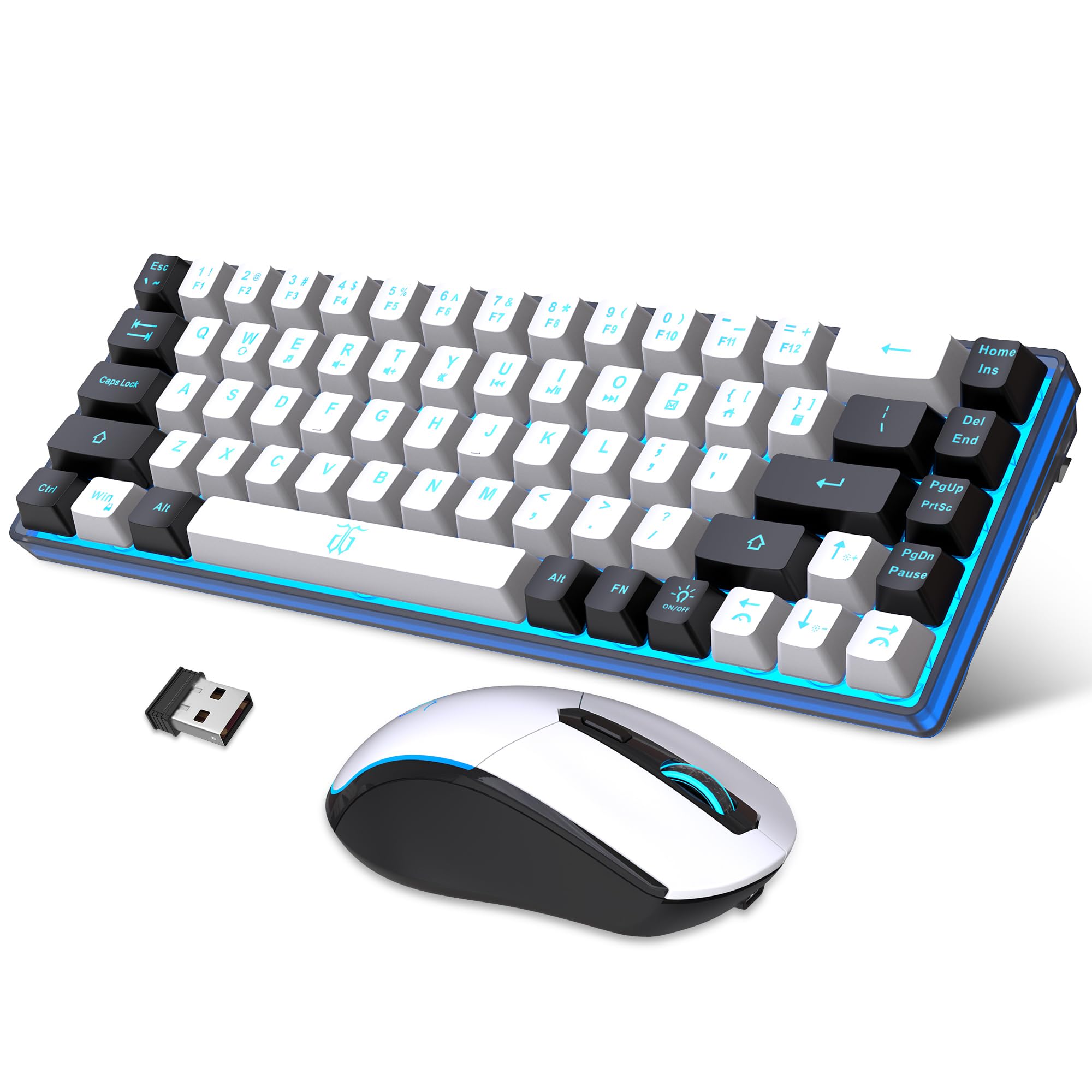 SNPURDIRI 60% Wireless Gaming Keyboard and Mouse Combo - Ice Blue Backlit, Rechargeable 2000mAh Battery, Mini Mechanical Feel Anti-Ghosting Keyboard with RGB Gaming Mouse for PC, Laptop (White-Black) - Perfect for Gaming, Office Work, and Home Use