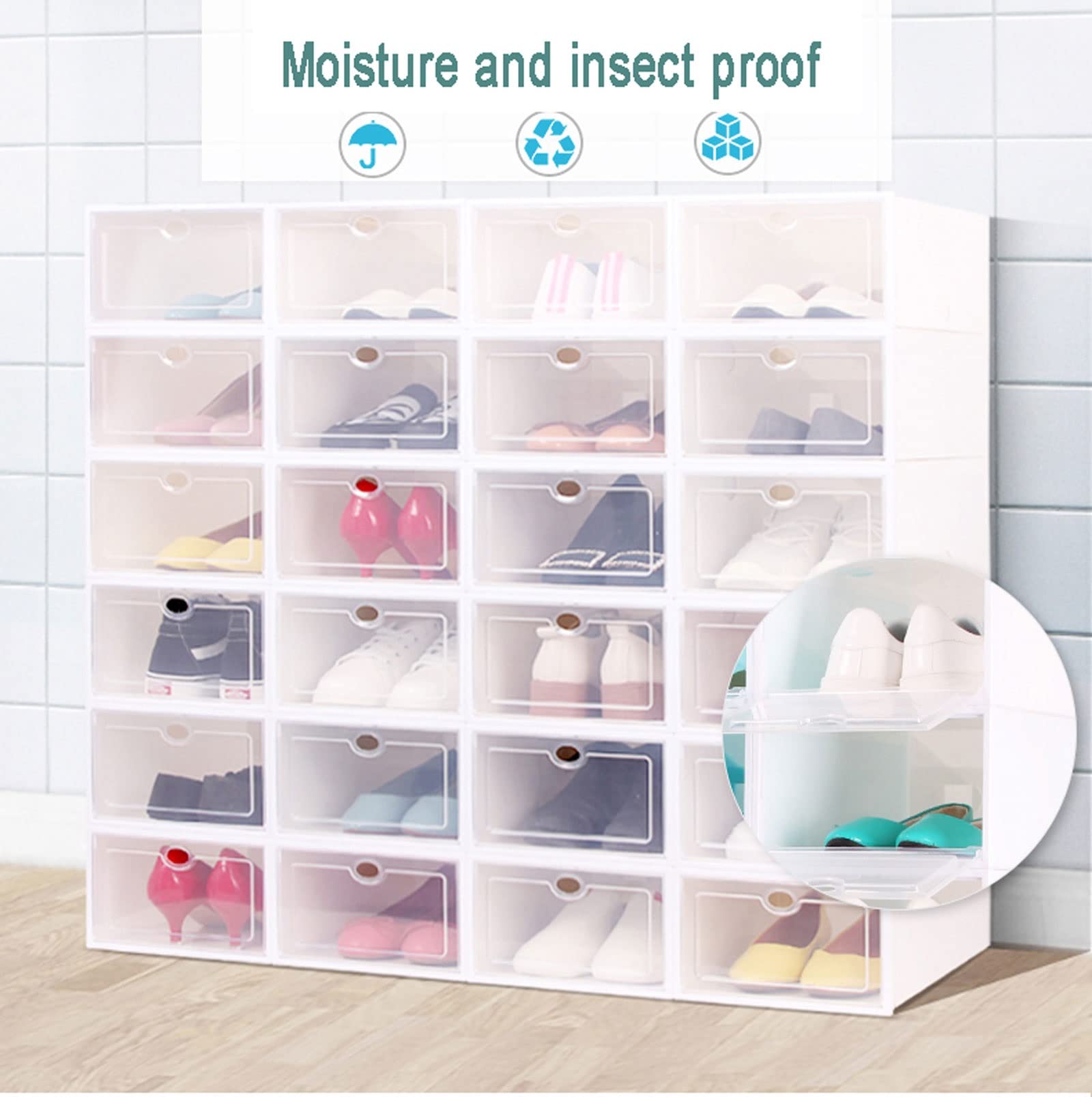 Clear Plastic Stackable Shoe Storage Boxes - 12 Pack with Transparent Door | Space Saving Foldable Shoe Containers for Closet Organization | Perfect for Sneakers, Boots & Heels (Green, 29x20.5x12cm/11.4x8.1x4.7in)