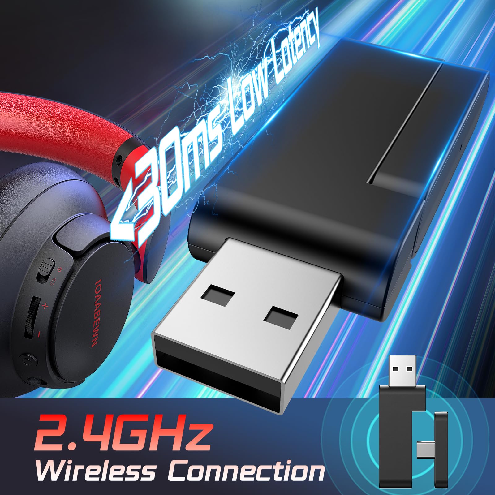 Wireless Gaming Headset for PS5, PS4, PC & Switch - 55Hr Battery Life, 2.4Ghz/Bluetooth 5.3 with Noise-Canceling Mic - Black & Red Design for Pro Gamers & Streaming (Compatible with Playstation 5, Xbox, Nintendo Switch & Desktop Computers)