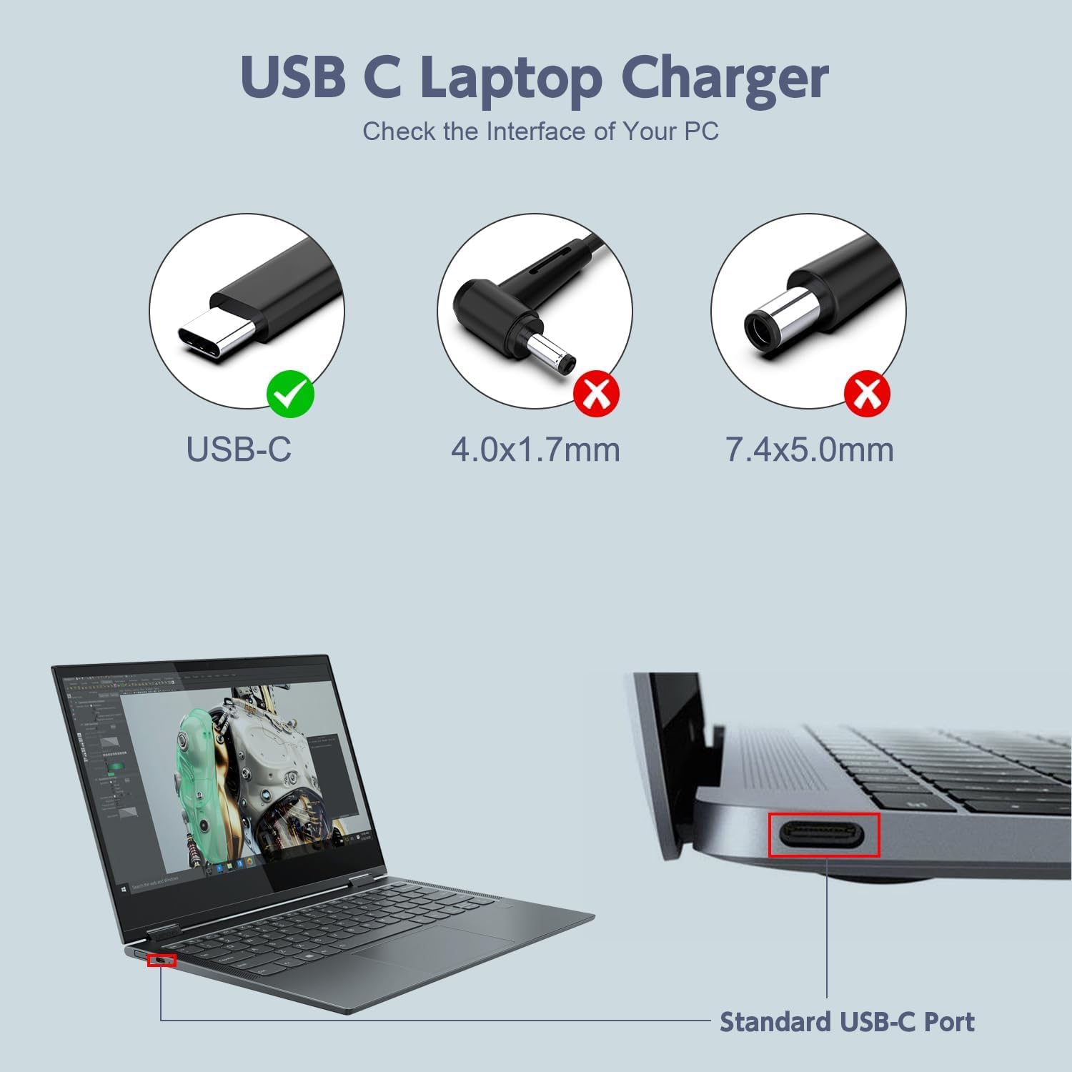65W USB C Laptop Charger for Lenovo Chromebook & ThinkPad - Compatible with C330, S330, 100e, 300e, Yoga C930/C940, IdeaPad 730s, X1 Carbon, T480/T480s/T570/T580 - Fast Charging AC Power Adapter for Home, Office & Travel