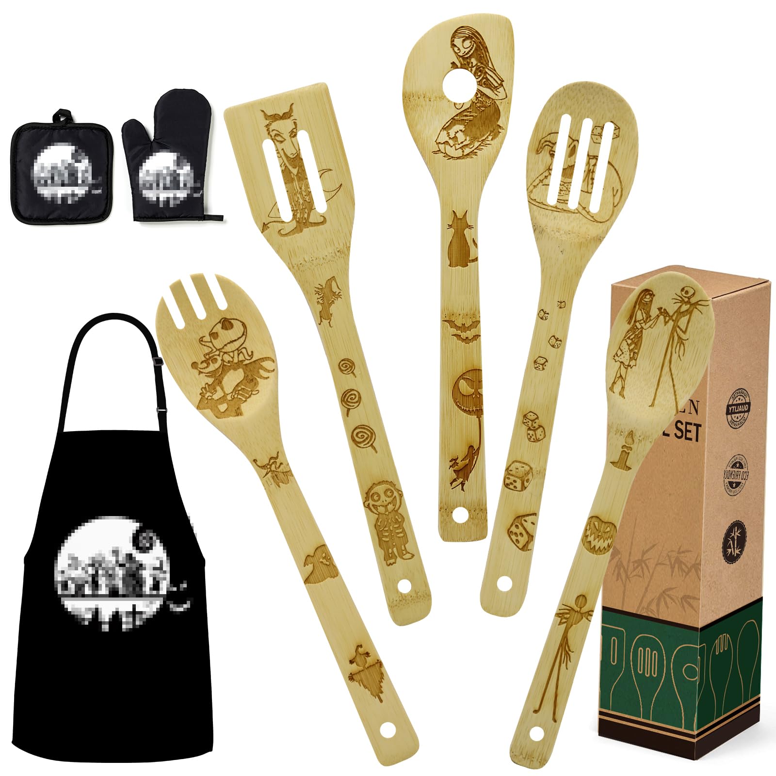 Wooden Cooking Utensil Set with Apron, Oven Mitt & Potholder - Perfect Christmas, Mother's Day & Birthday Gift for Women - Kitchen Decor & Halloween Nightmare Theme - Ideal for Baking, Cooking & Home Decor