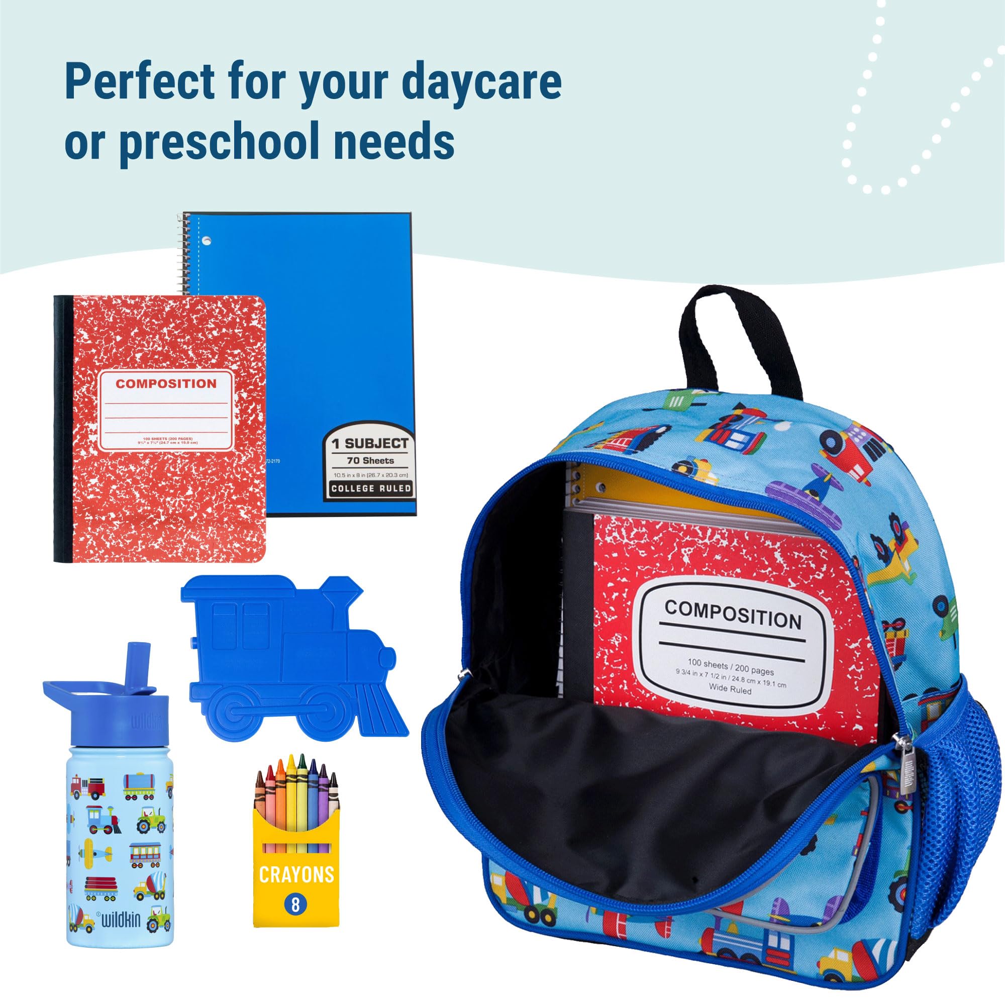 Wildkin 12 Inch Kids Backpack with Modern Nap Mat - Trains, Planes & Trucks Design for Boys & Girls | Perfect for Preschool, Daycare, Travel & Sleepovers