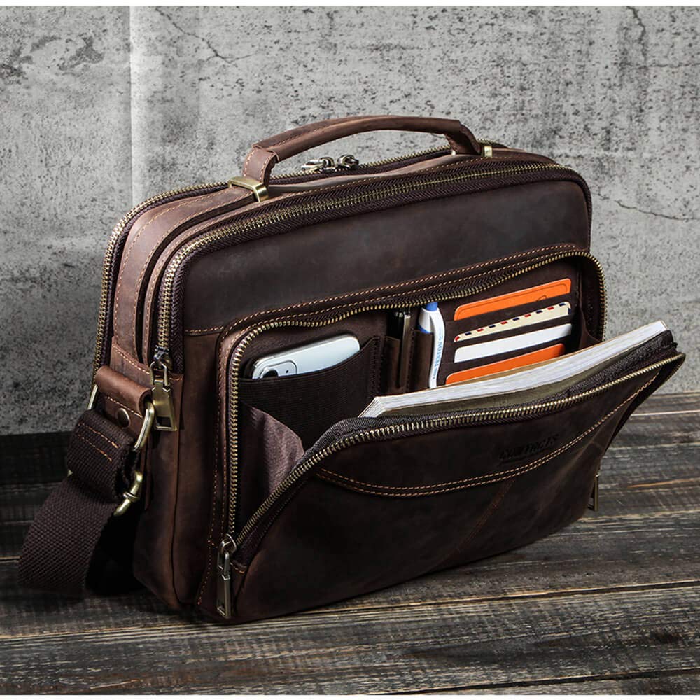 Premium Hiram Men's Briefcase - Genuine Crazy Horse Leather Messenger Bag for 9.7