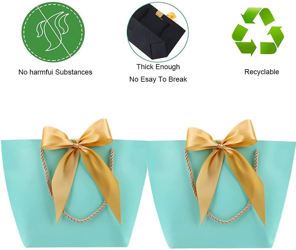 SATYAM KRAFT 6-Piece Light Blue Gift Paper Bags with Golden Bow Handles - Perfect for Christmas, Birthday, Wedding Favors & Party Favors | Elegant Goodie Bags for Holiday Gifting, Seasonal Celebrations & Special Occasions