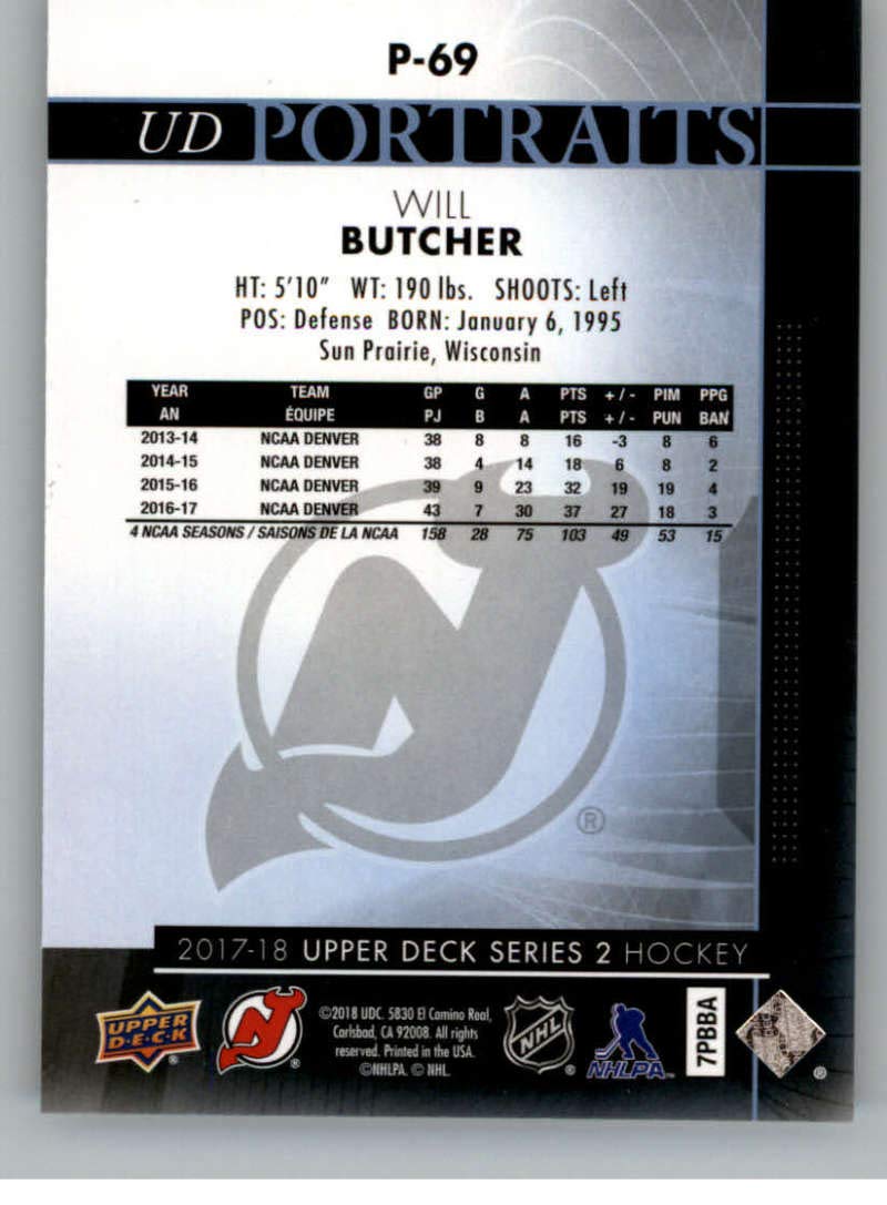 2017-18 Upper Deck Portraits #P-69 Will Butcher NHL Hockey Trading Card - New Jersey Devils Player Collectible for Sports Memorabilia Fans