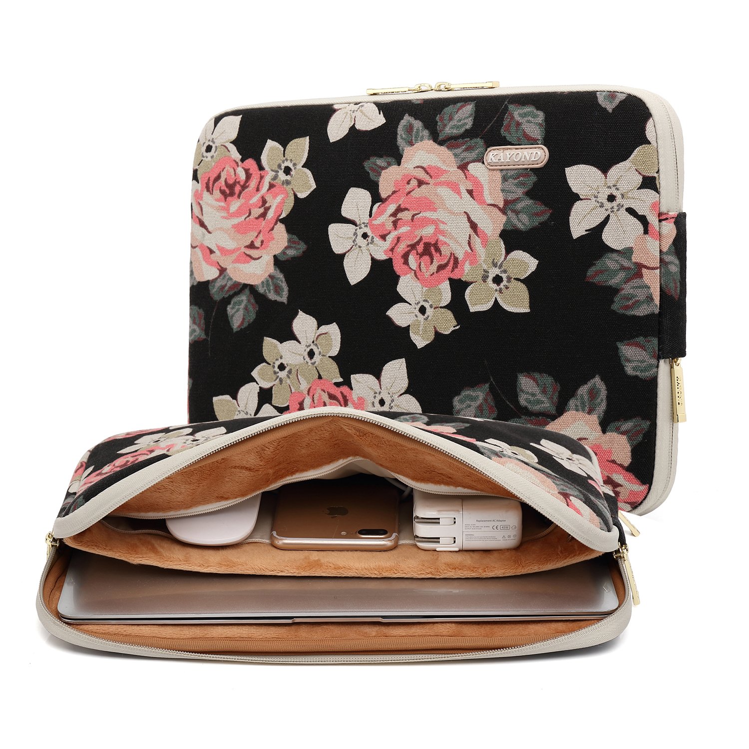 KAYOND 15.6 Inch Water-resistant Canvas Laptop Sleeve for MacBook Air/Pro 15.4, MacBook Pro 16 - Black Rose Pattern, Perfect for Work, Travel, and School