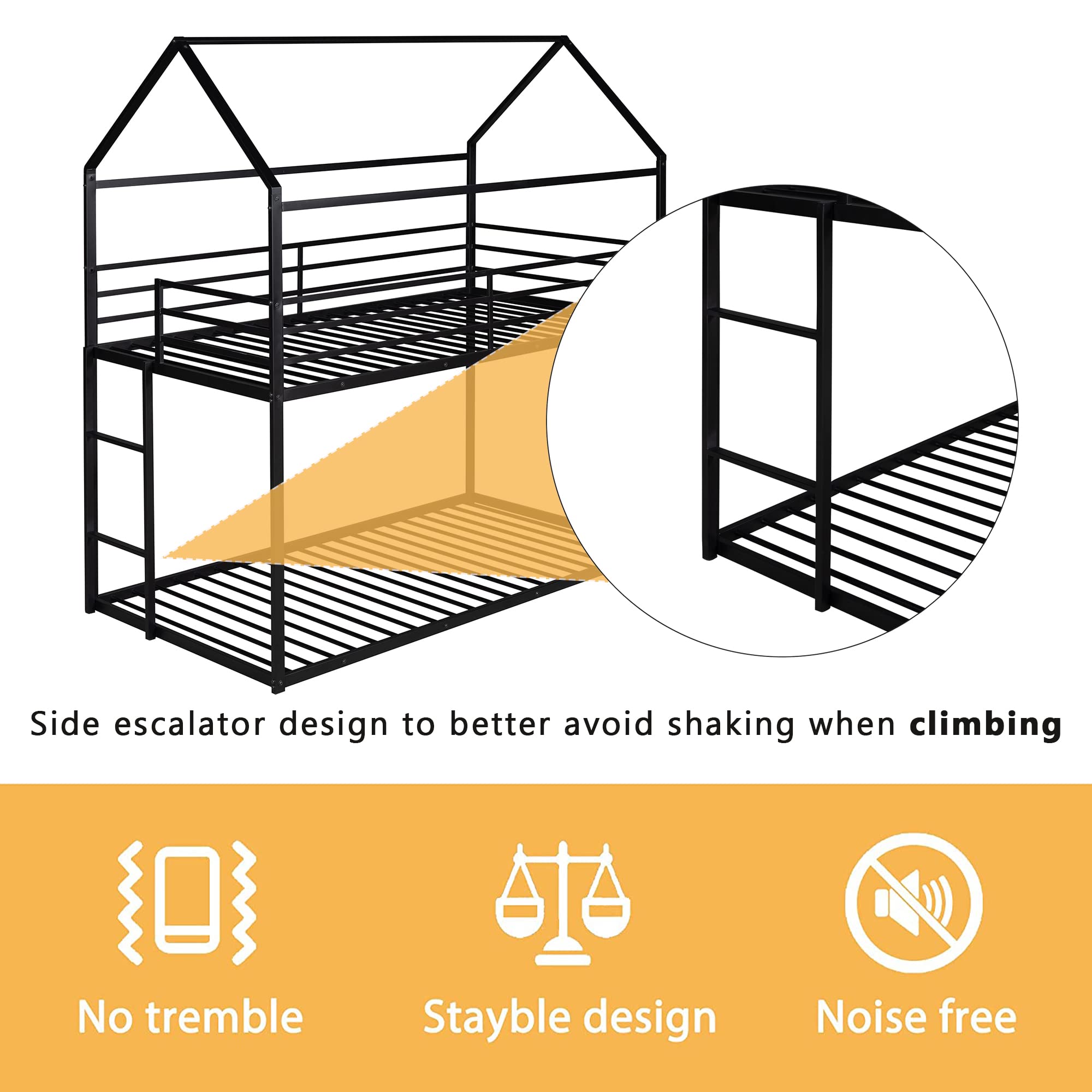 Harper & Bright Designs Twin Over Twin Metal Bunk Bed for Kids, Teens & Toddlers - Sturdy Frame with Built-in Ladder, Safety Guardrail & Roof - No Box Spring Needed - Perfect for Small Rooms, Shared Bedrooms & Sleepovers (Black)