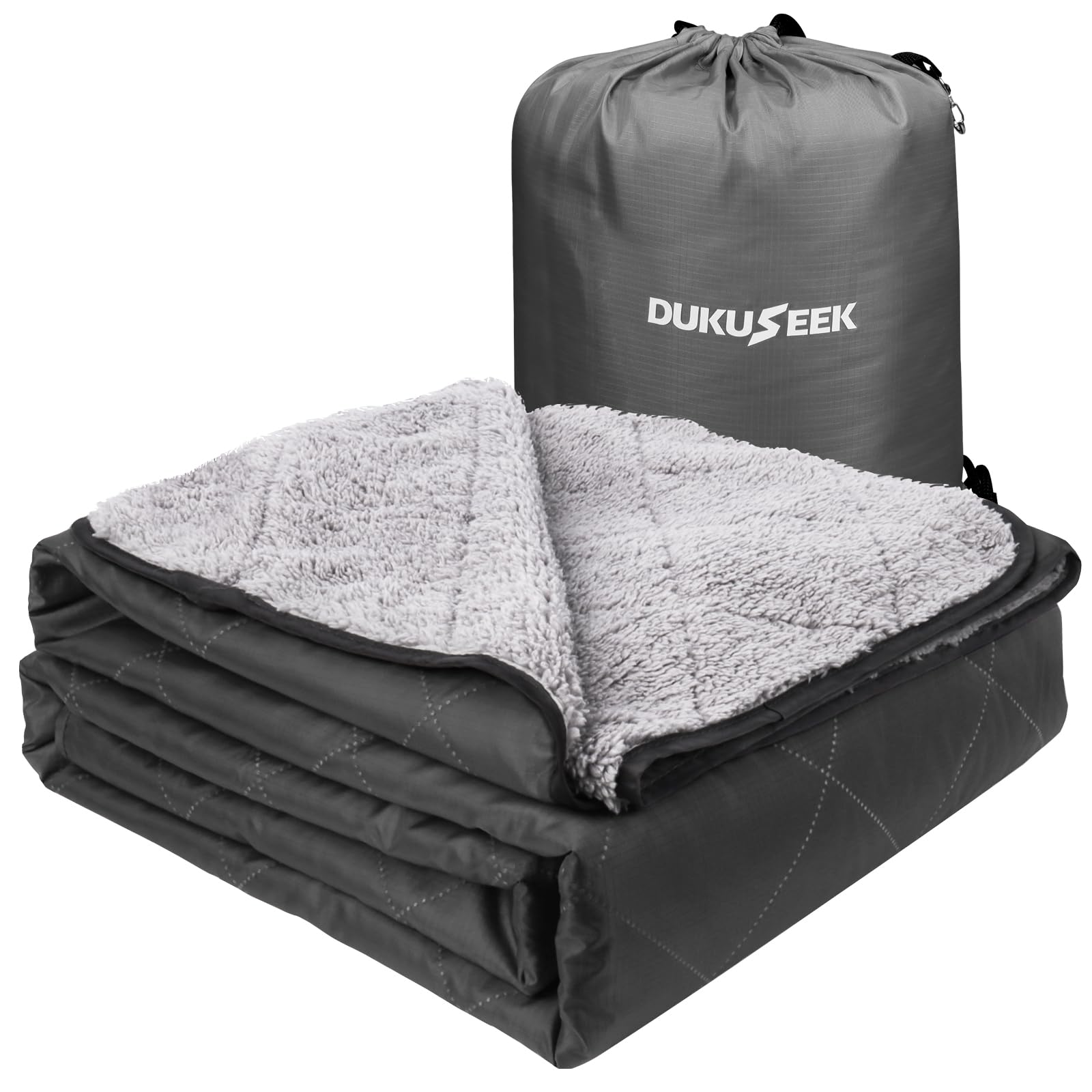 DUKUSEEK Sherpa Waterproof Camping Blanket with Hood - Extra Warm Large Fleece Outdoor Blanket for Camping, Hiking, Picnics, Stadium Events, Boating & Car Travel - Windproof Cold Weather Blanket for Winter Sports & Outdoor Adventures